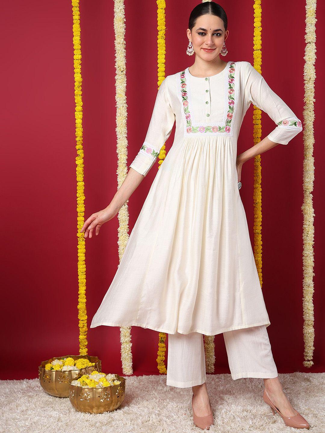 ahika floral embroidered three-quarter sleeves pleated anarkali thread work kurta