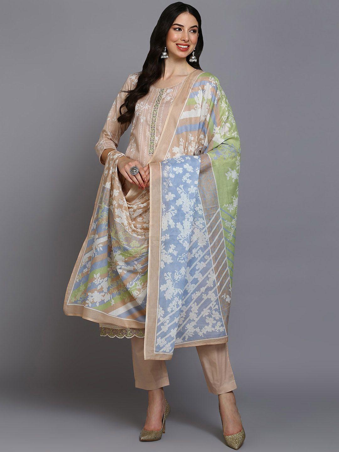 ahika floral printed & embroidered straight kurta with trousers & dupatta