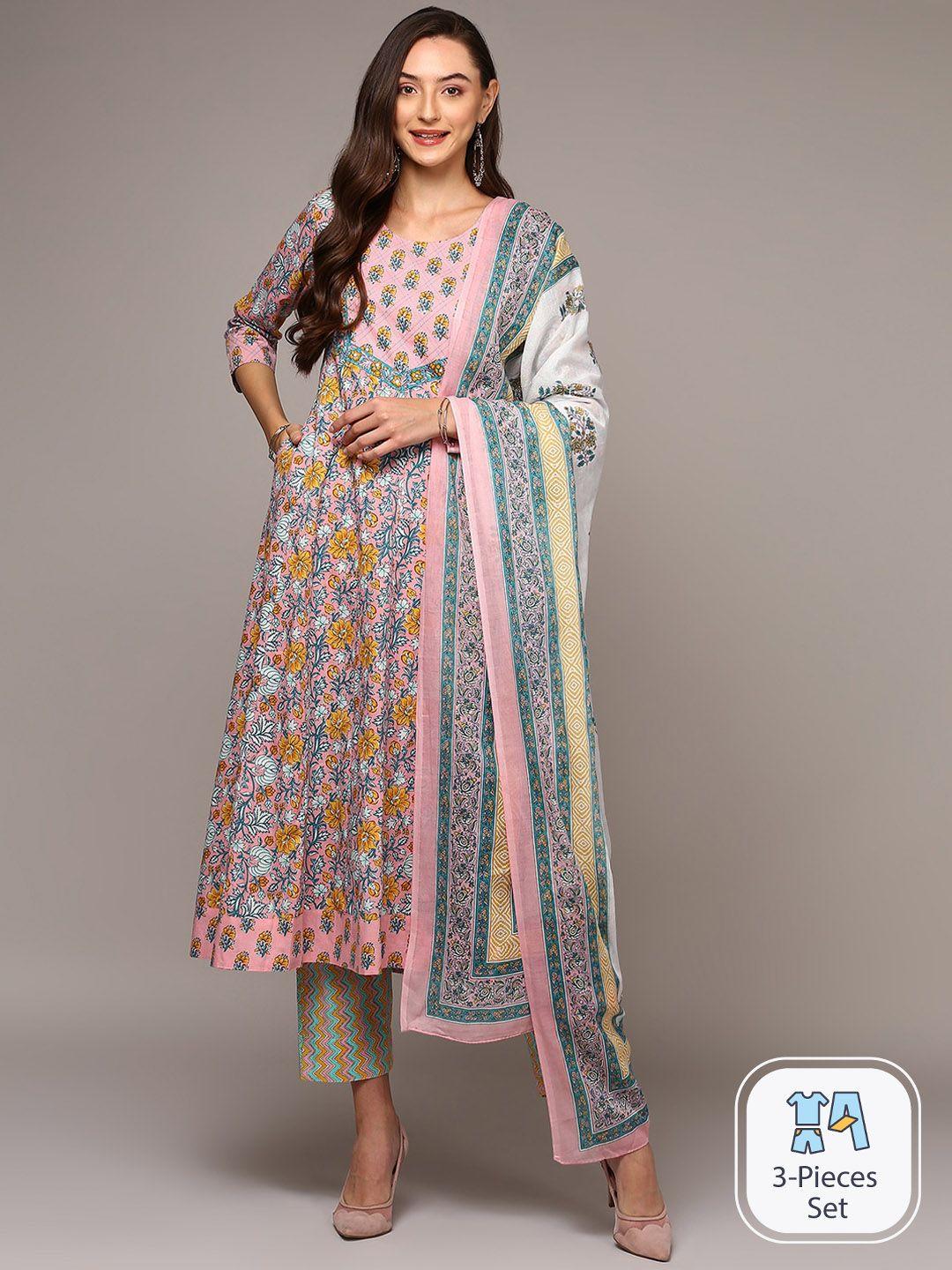 ahika floral printed anarkali pure cotton kurta with trousers & dupatta