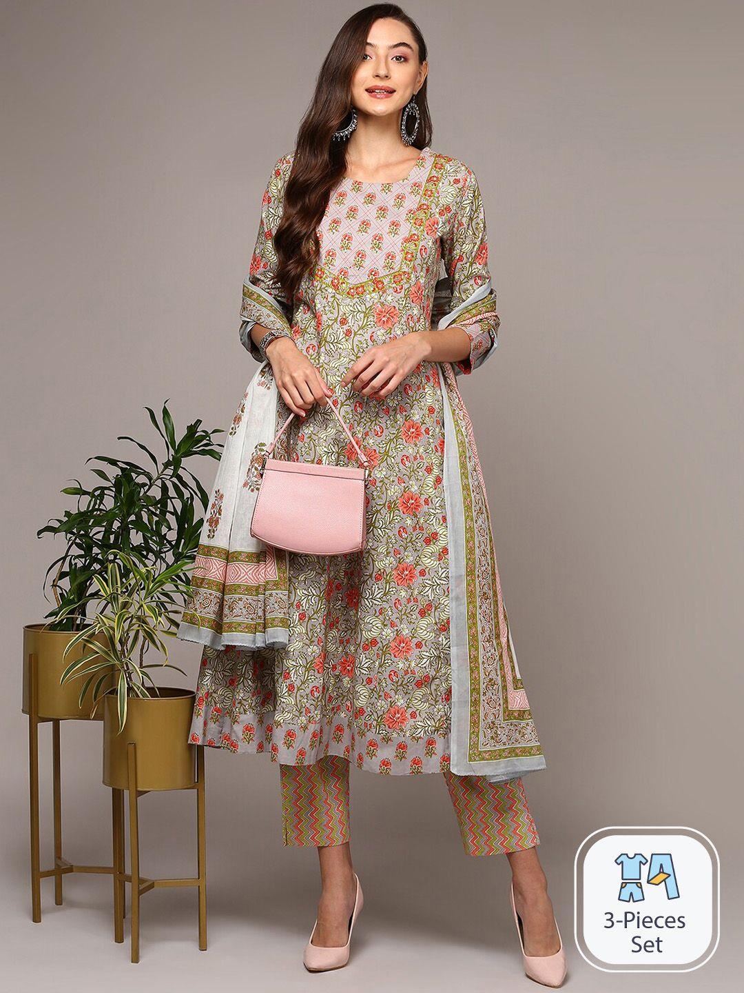 ahika floral printed anarkali pure cotton kurta with trousers & dupatta