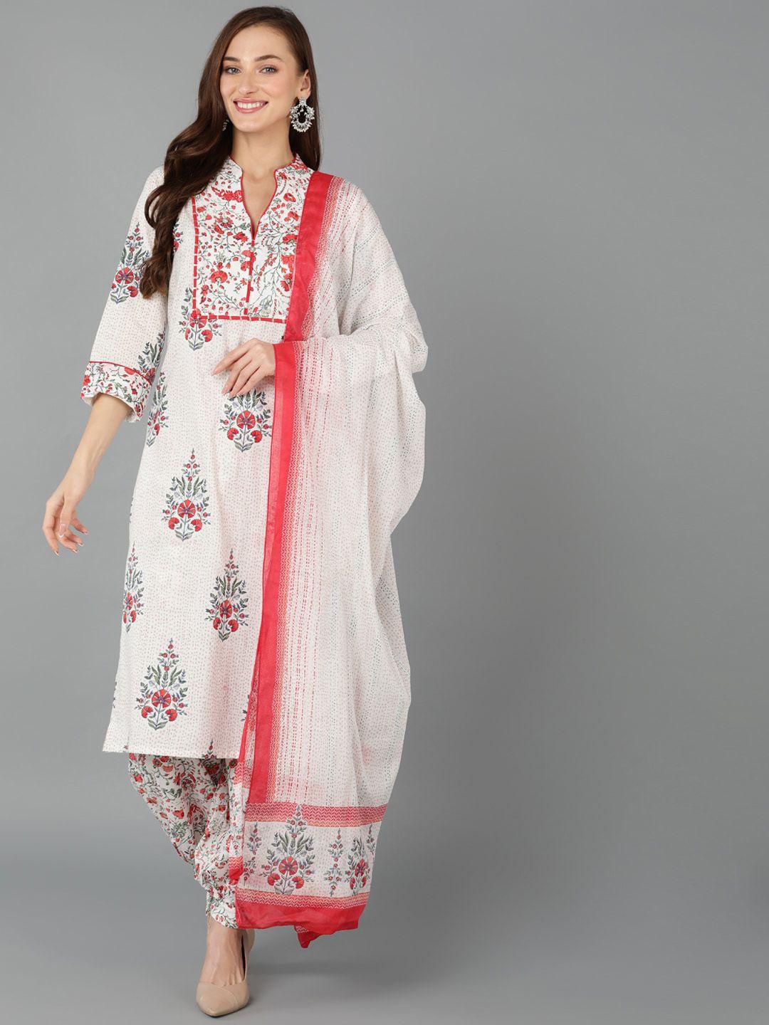 ahika floral printed band collar pure cotton kurta with salwar & dupatta