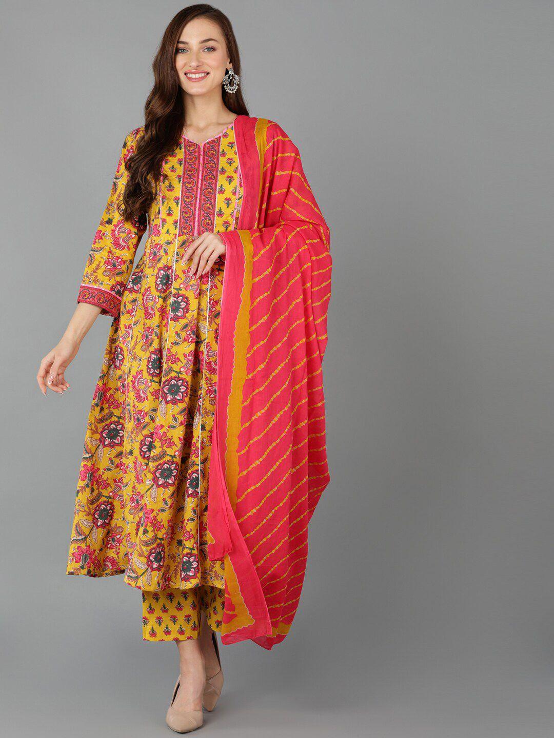 ahika floral printed gotta patti anarkali pure cotton kurta with trousers & dupatta