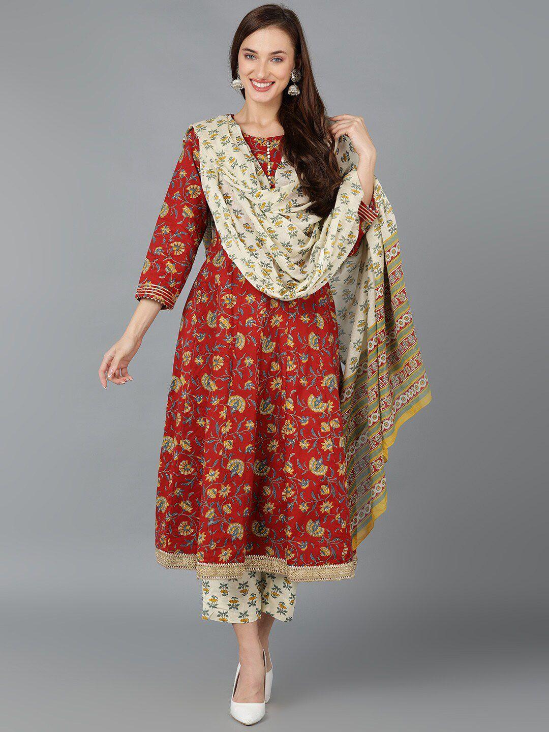 ahika floral printed gotta patti empire pure cotton kurta with trousers & dupatta