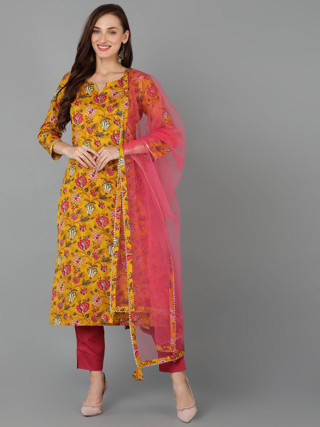 ahika floral printed gotta patti kurta with trousers & dupatta