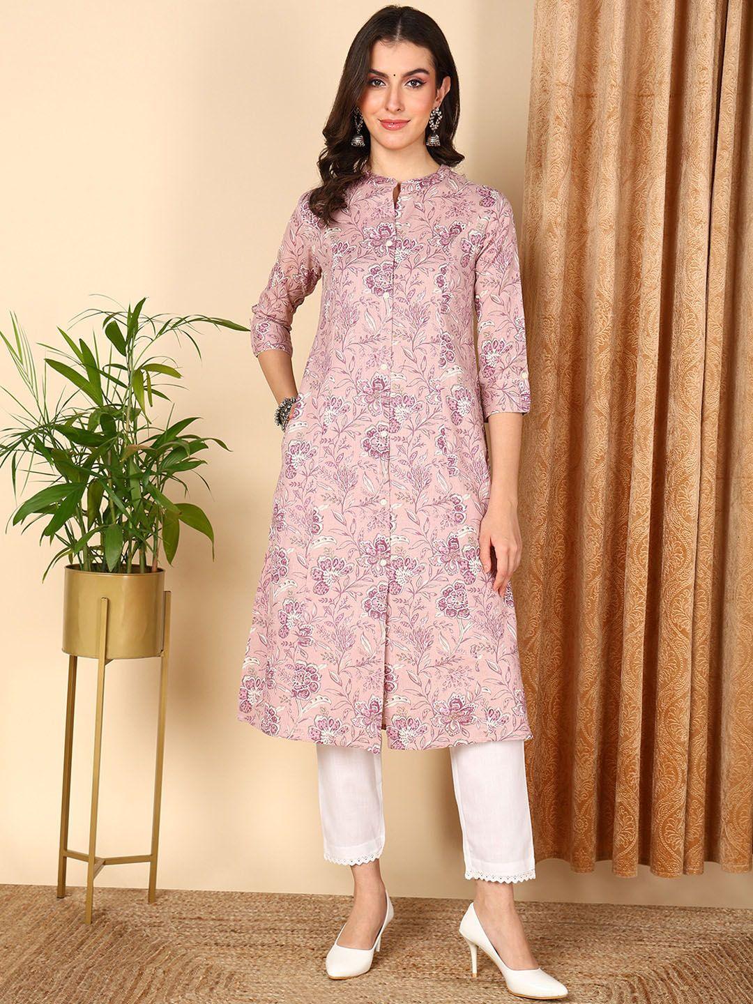 ahika floral printed keyhole neck flared sleeves thread work anarkali kurta