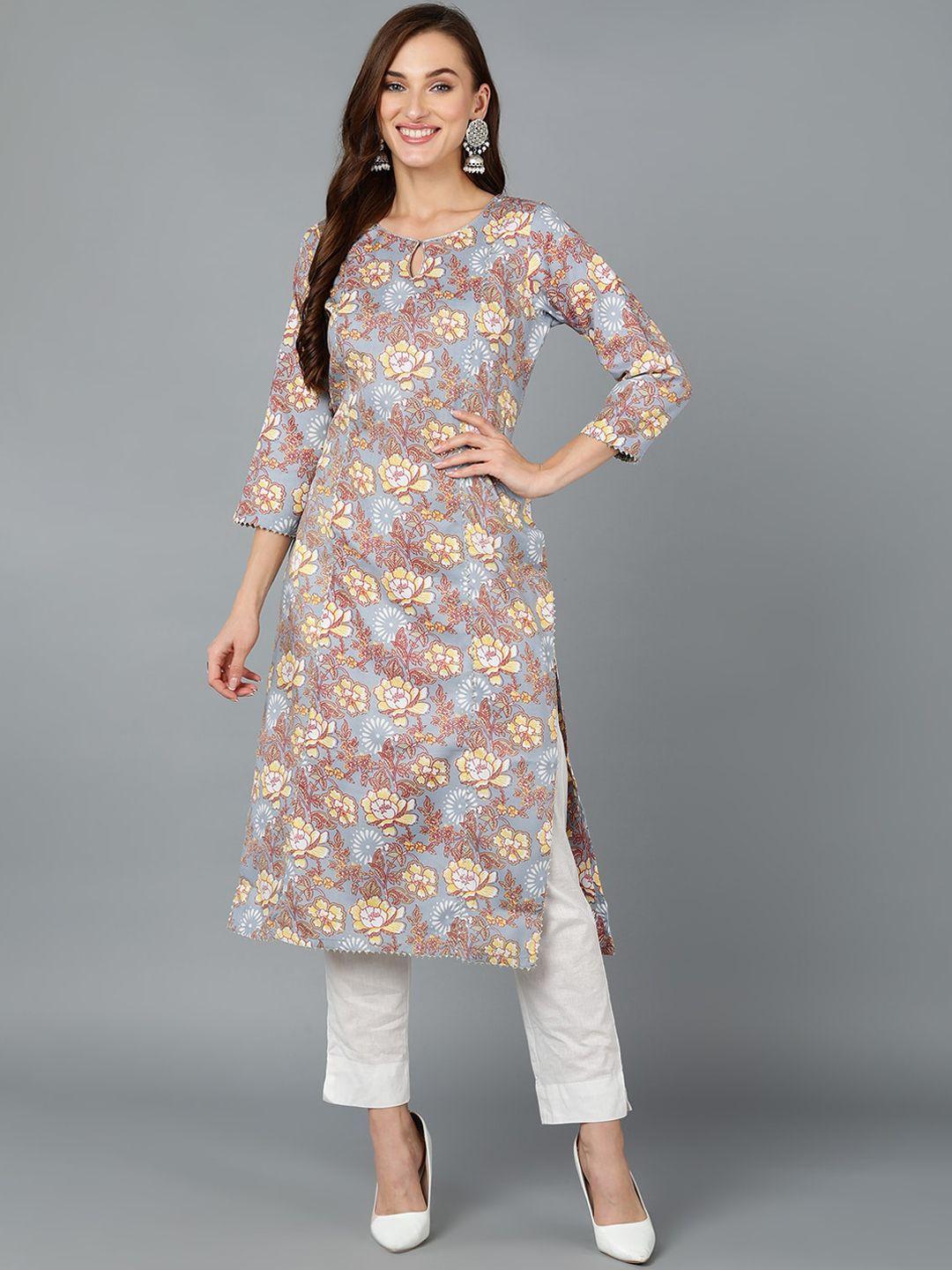 ahika floral printed keyhole neck kurta