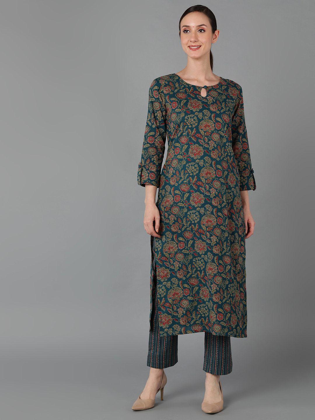 ahika floral printed keyhole neck pure cotton kurta