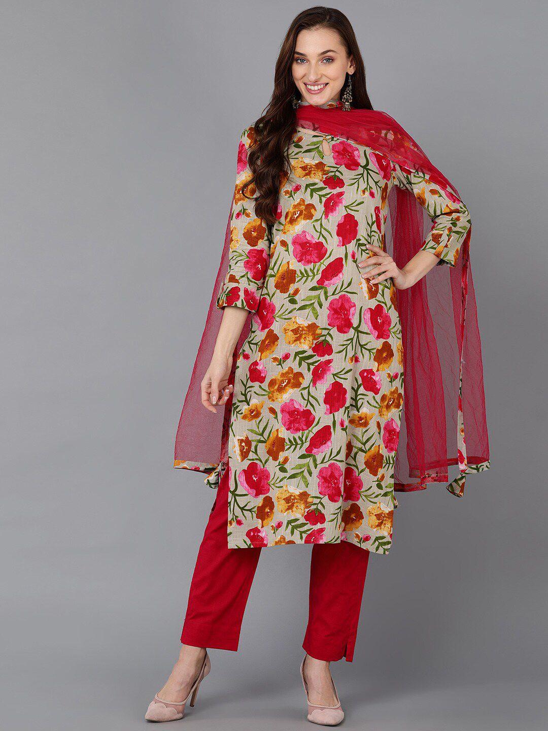 ahika floral printed kurta with trousers & dupatta