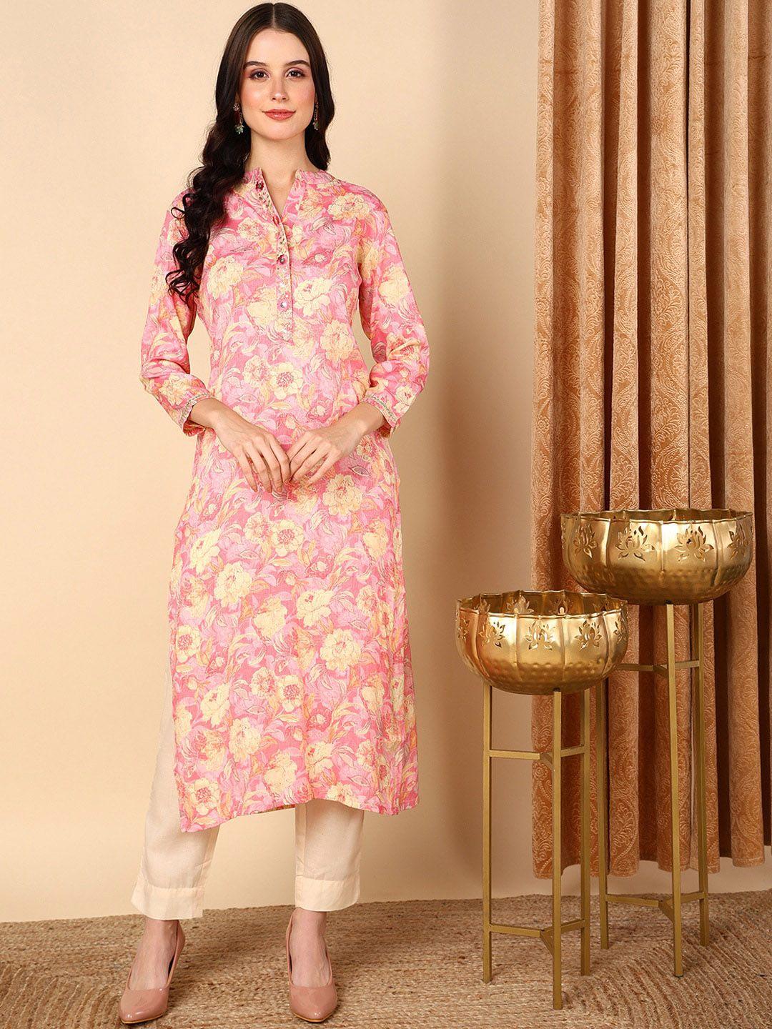 ahika floral printed mandarin collar straight kurta