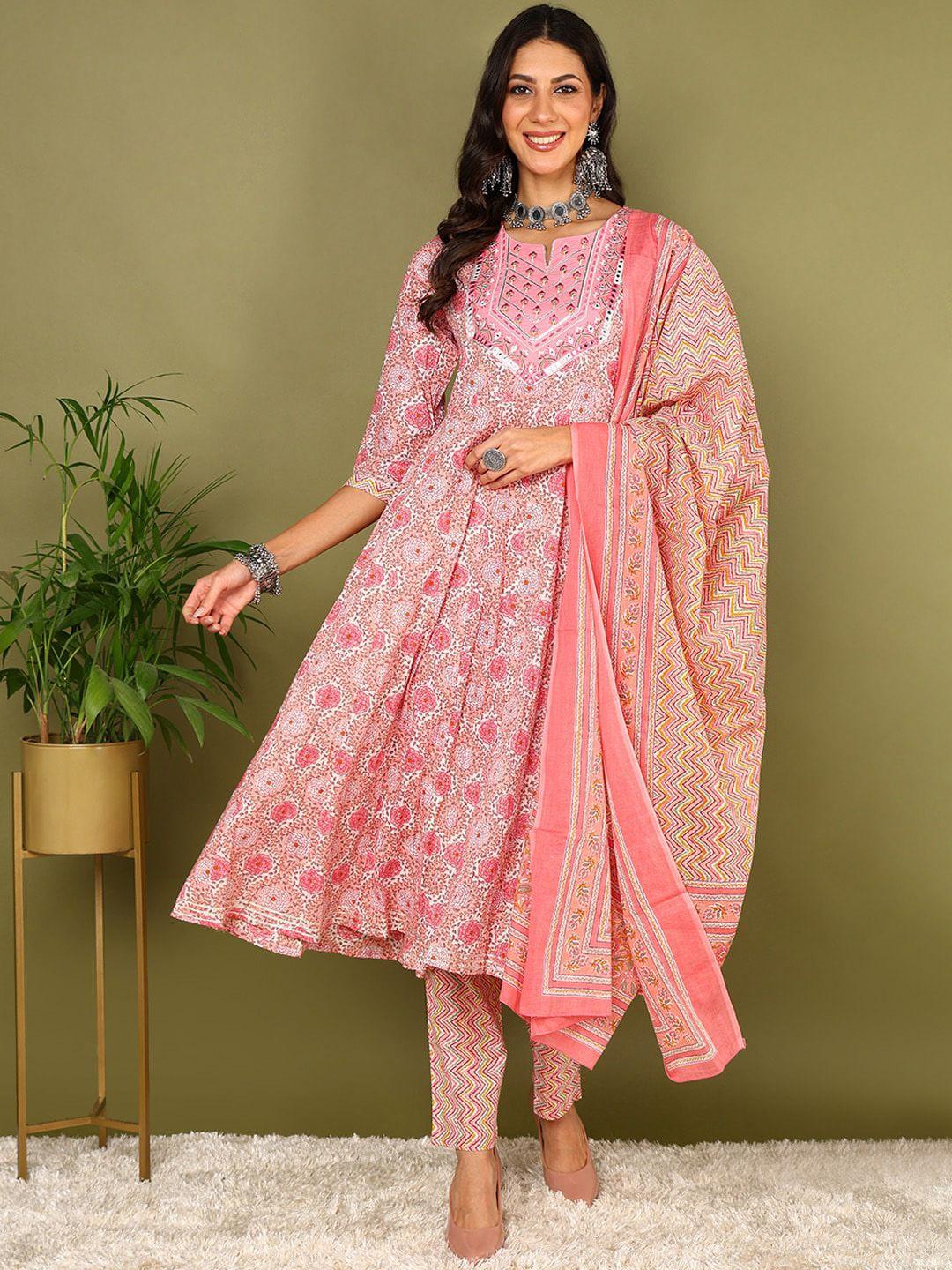 ahika floral printed mirror work pure cotton anarkali kurta with trousers & dupatta