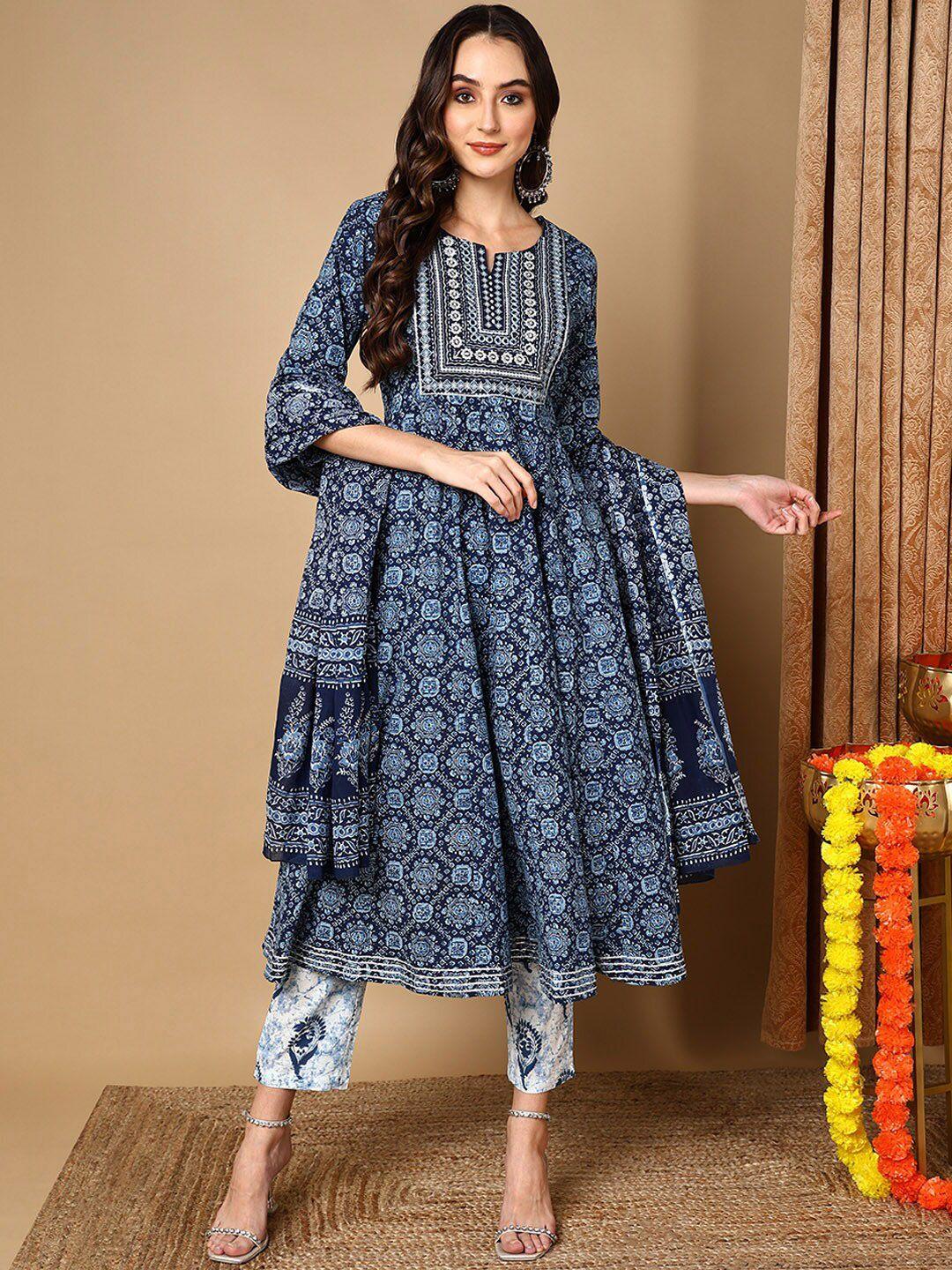 ahika floral printed mirror work pure cotton kurta with trousers & with dupatta