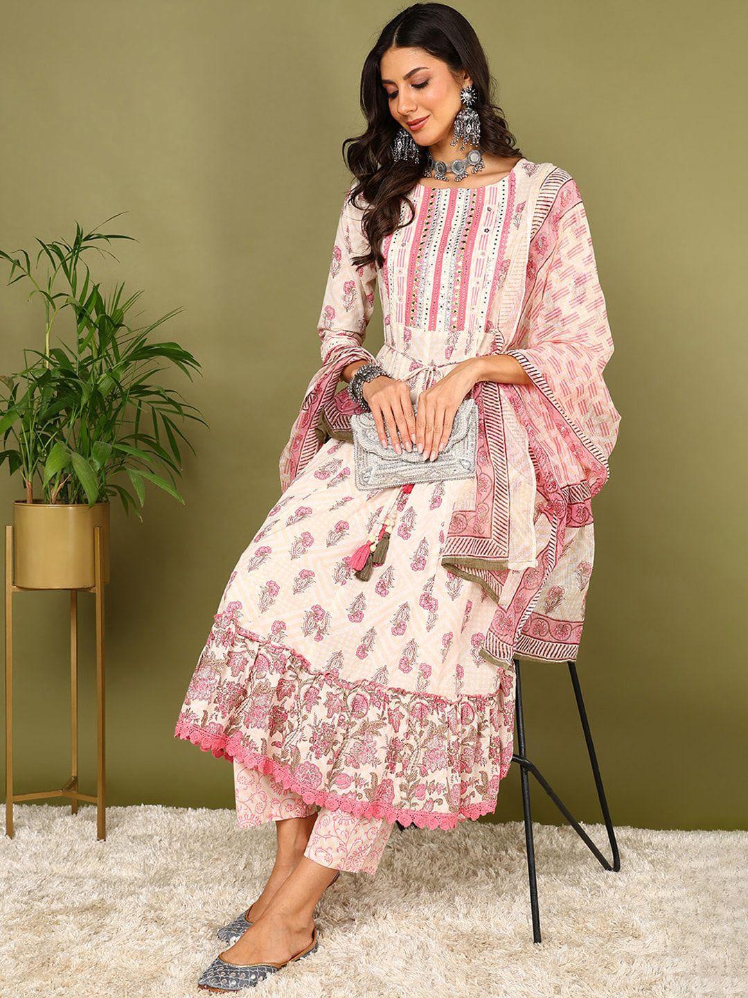 ahika floral printed pure cotton anarkali kurta with trousers & with