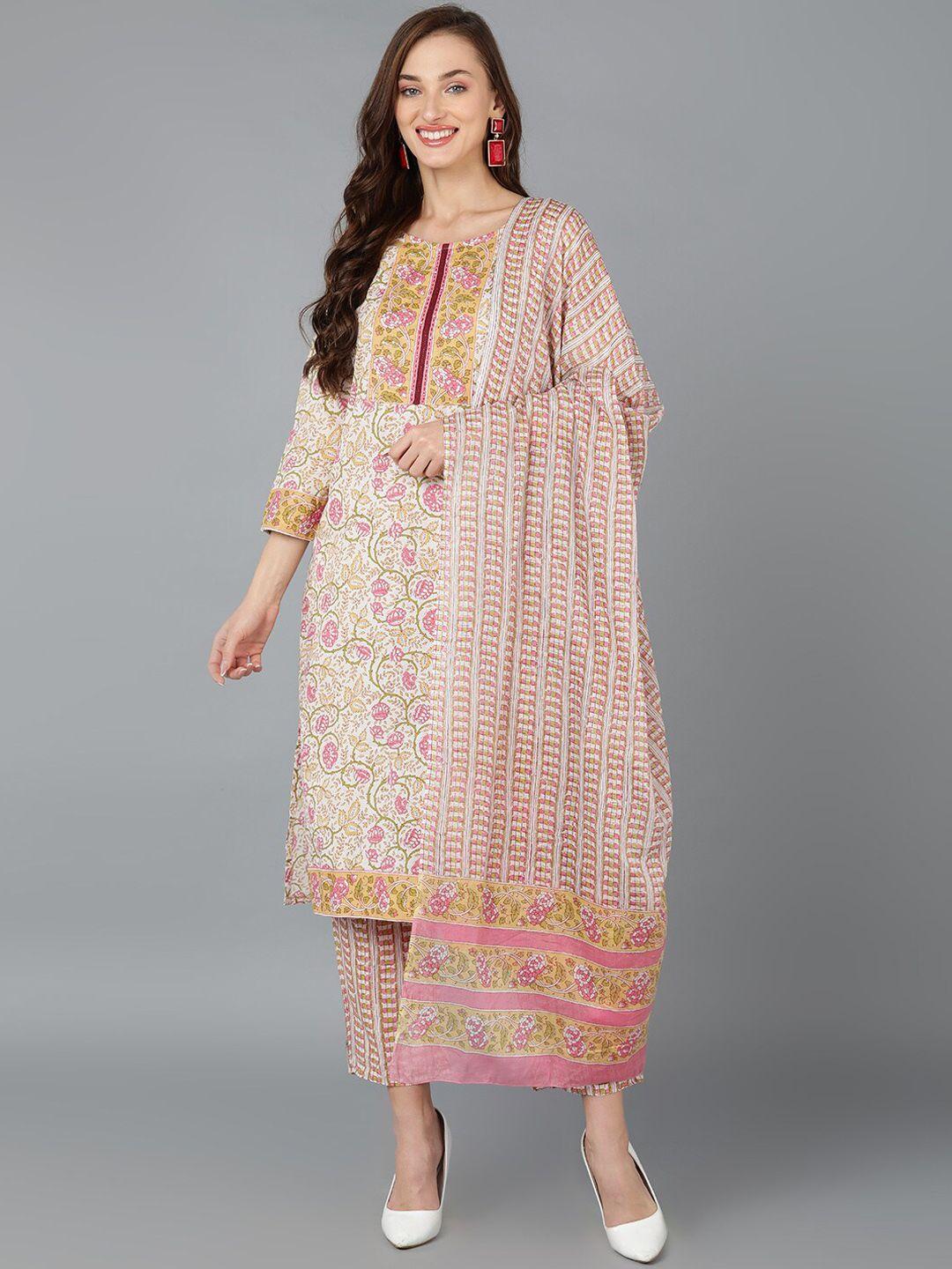 ahika floral printed pure cotton kurta with trousers & dupatta