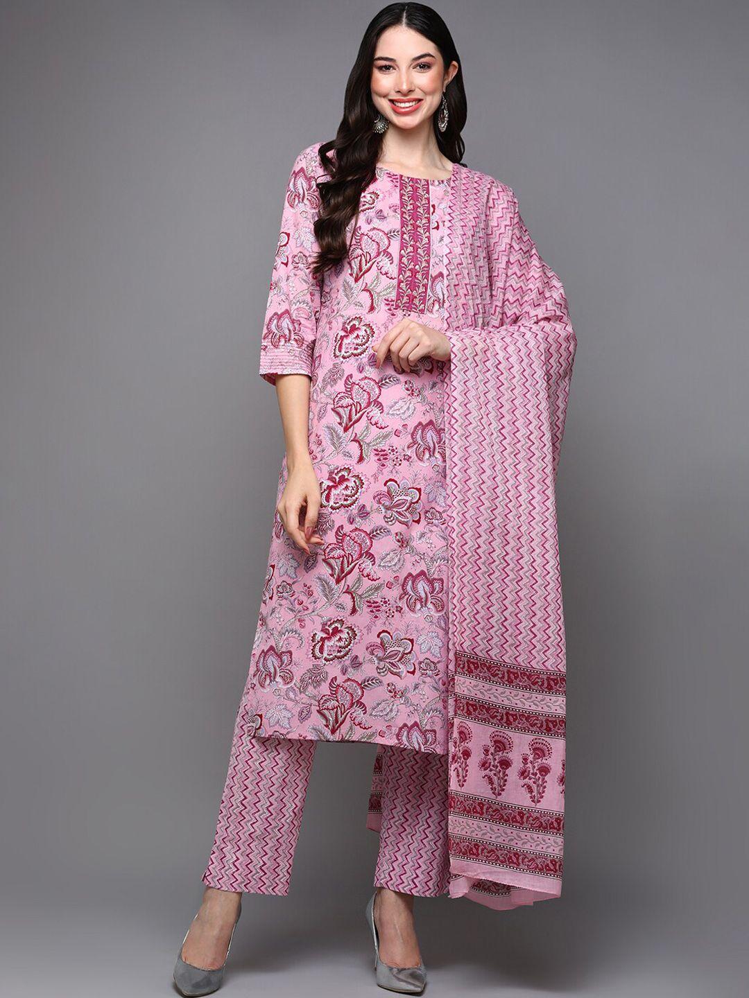 ahika floral printed pure cotton kurta with trousers & dupatta