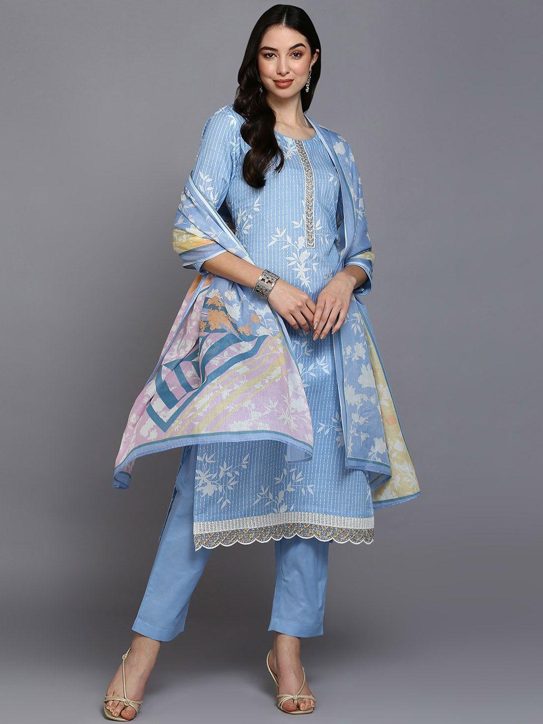 ahika floral printed regular kurta & trousers with dupatta