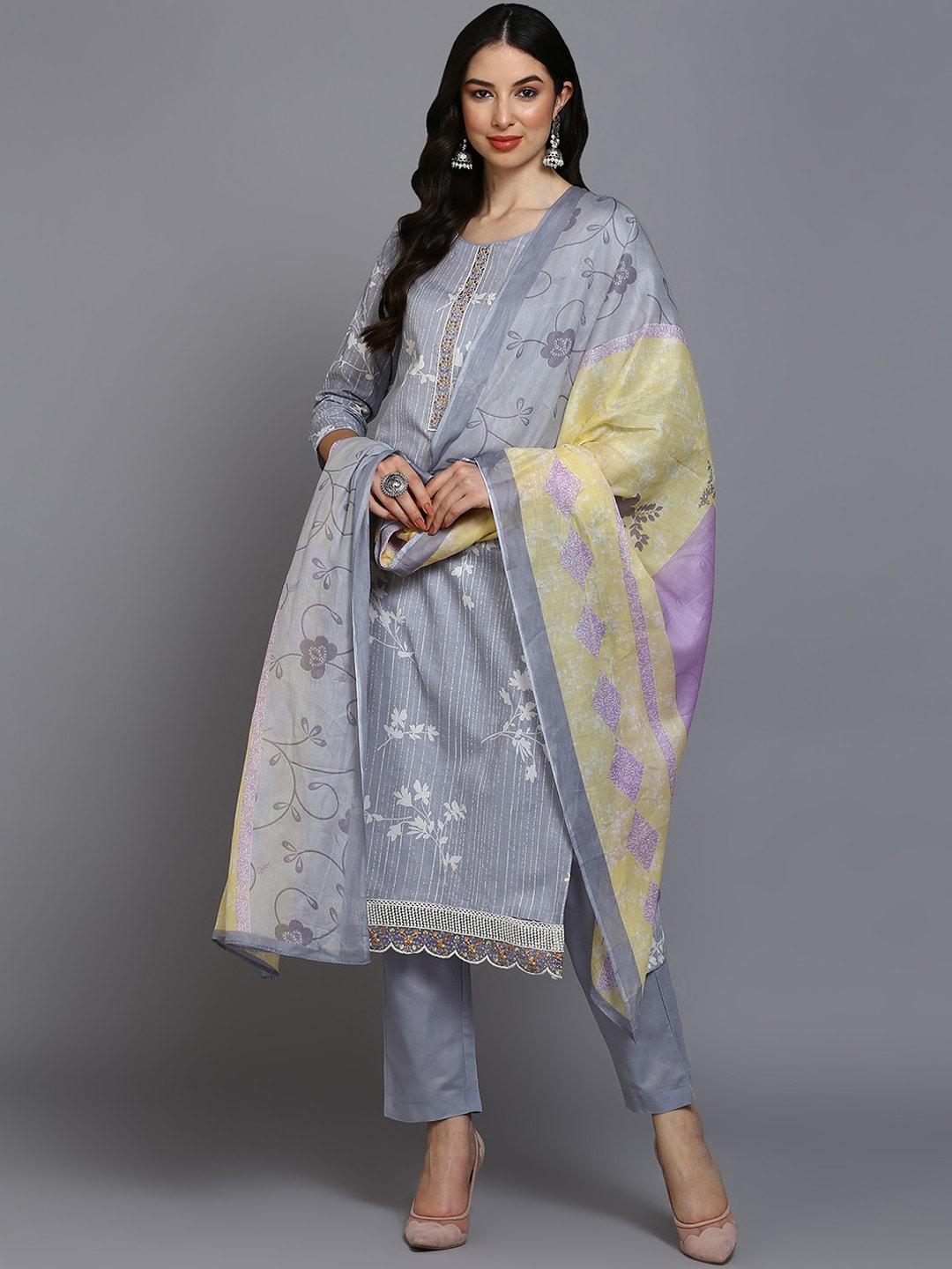 ahika floral printed regular straight kurta & trousers with dupatta