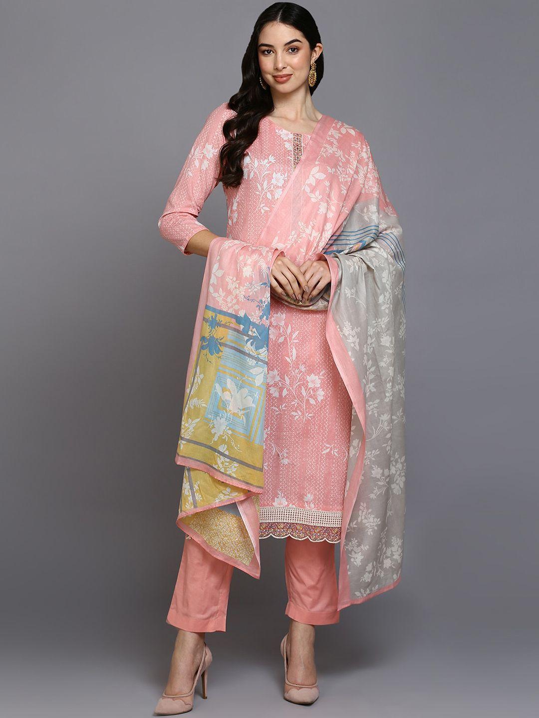 ahika floral printed regular straight kurta & trousers with dupatta