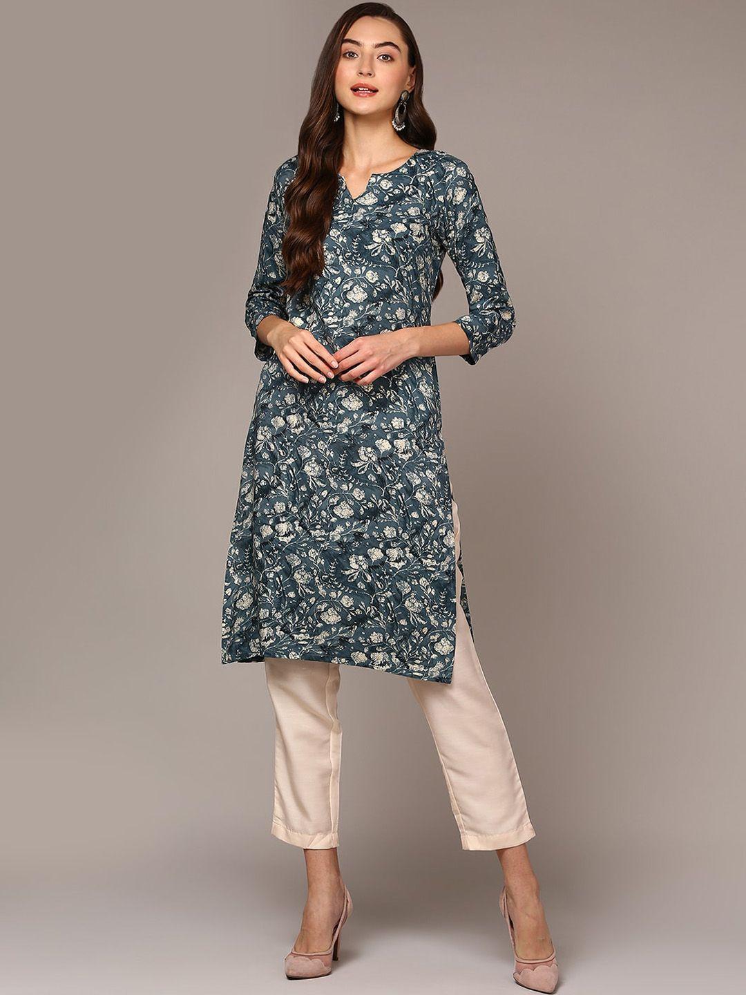 ahika floral printed round notched neck straight kurta