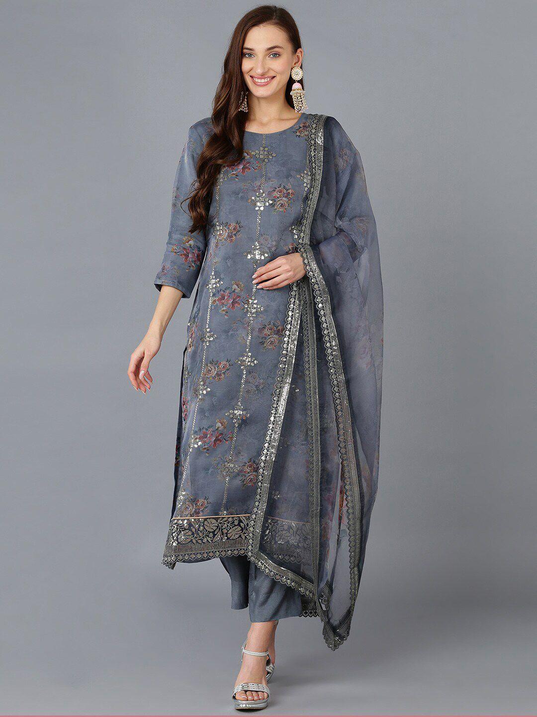 ahika floral printed sequinned kurta with trousers & with dupatta