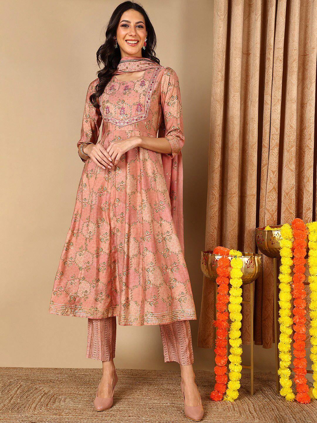 ahika floral printed sequinned pure cotton anarkali kurta & trousers  with dupatta