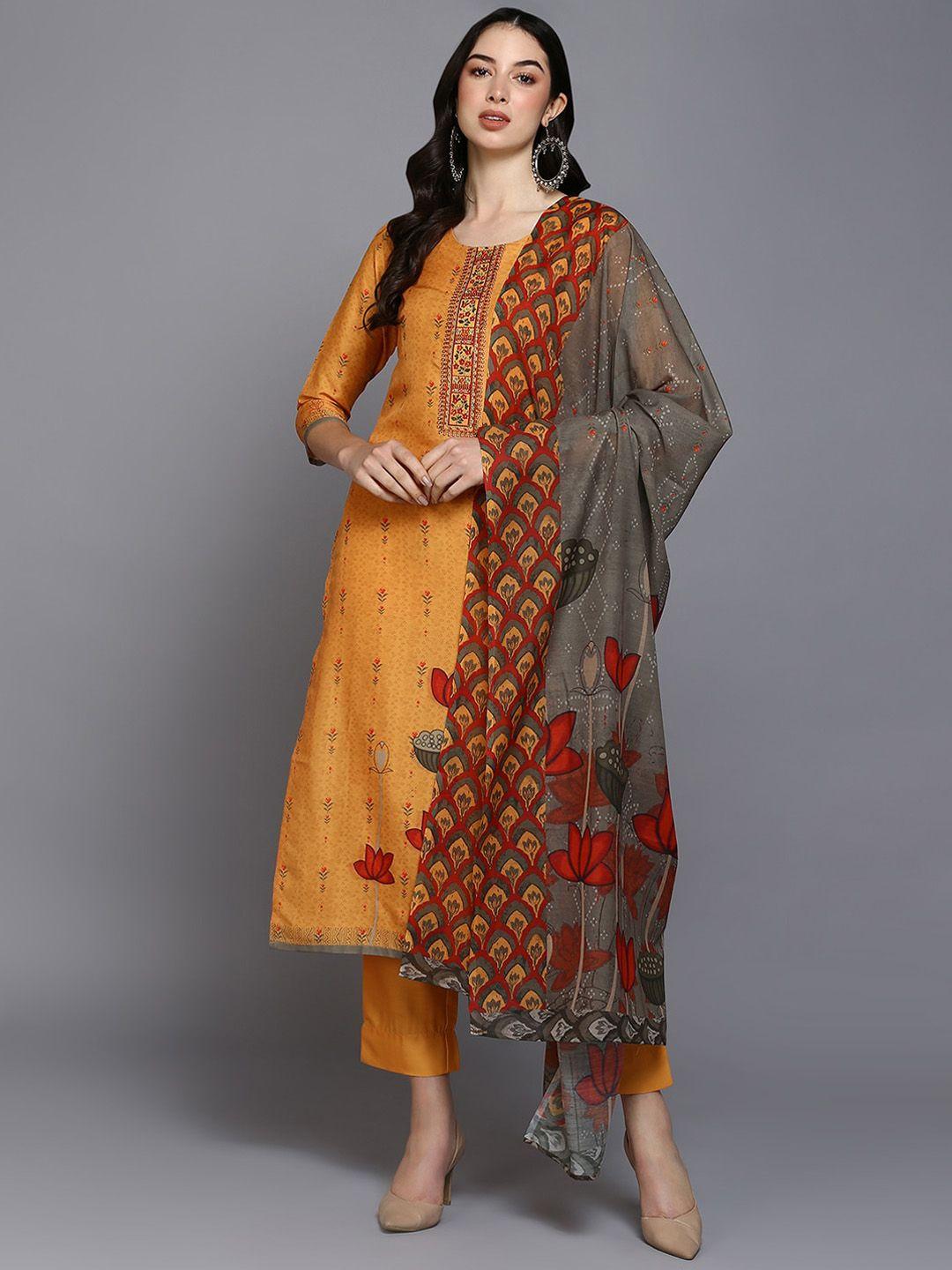 ahika floral printed straight kurta with trousers & with dupatta