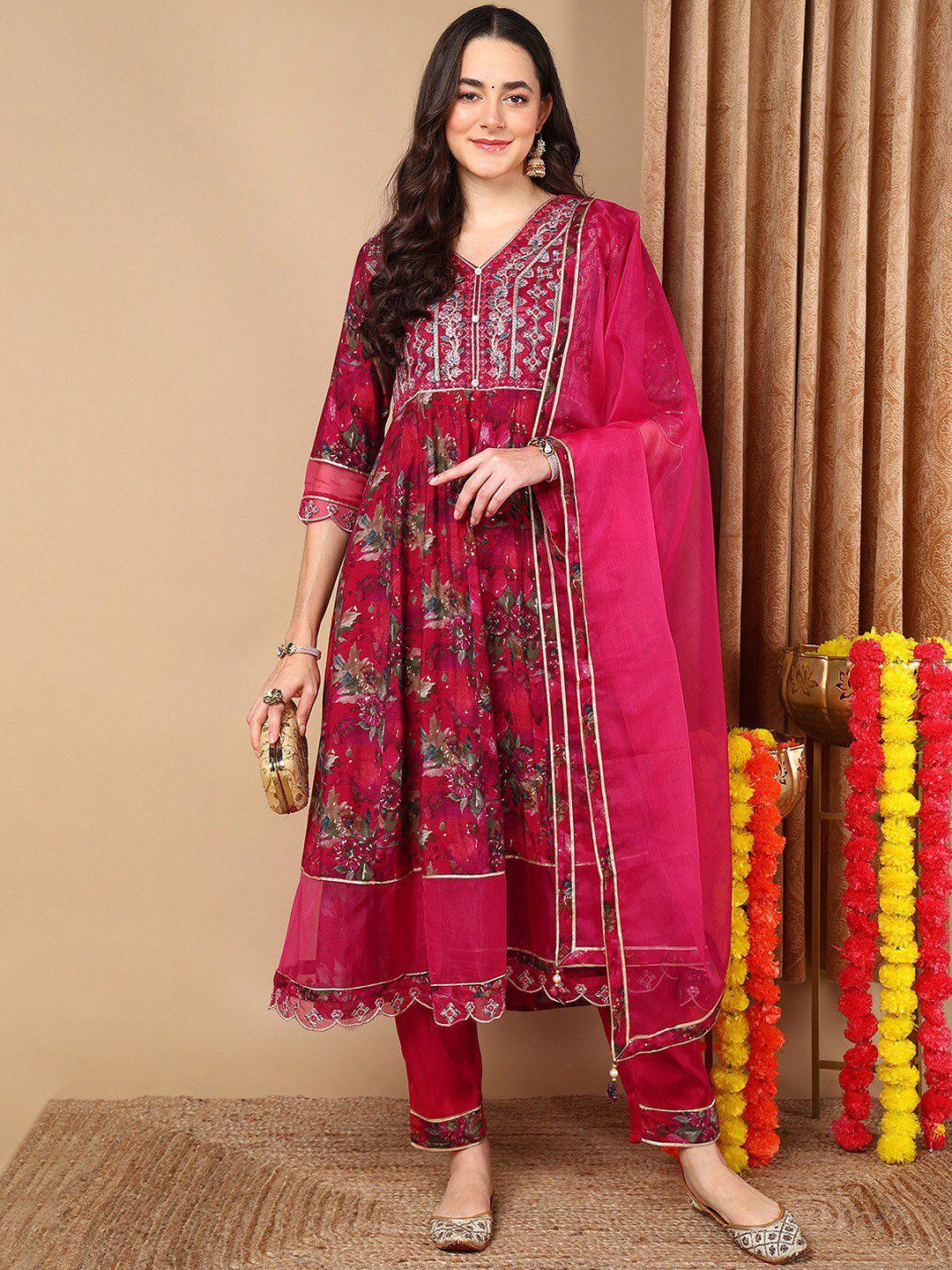 ahika floral printed thread work pure cotton anarkali kurta with trousers & dupatta