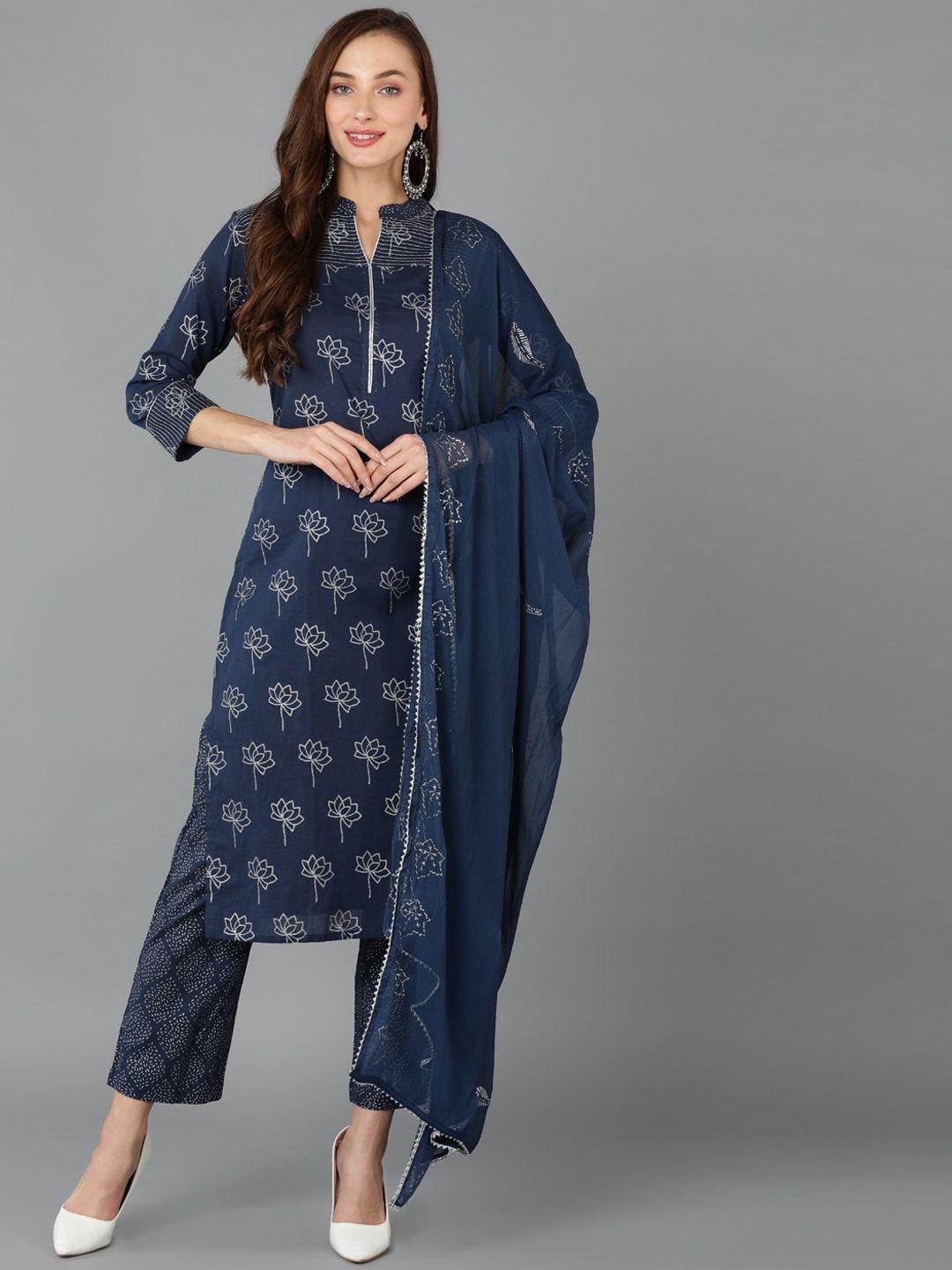 ahika floral printed thread work pure cotton kurta with trousers & dupatta