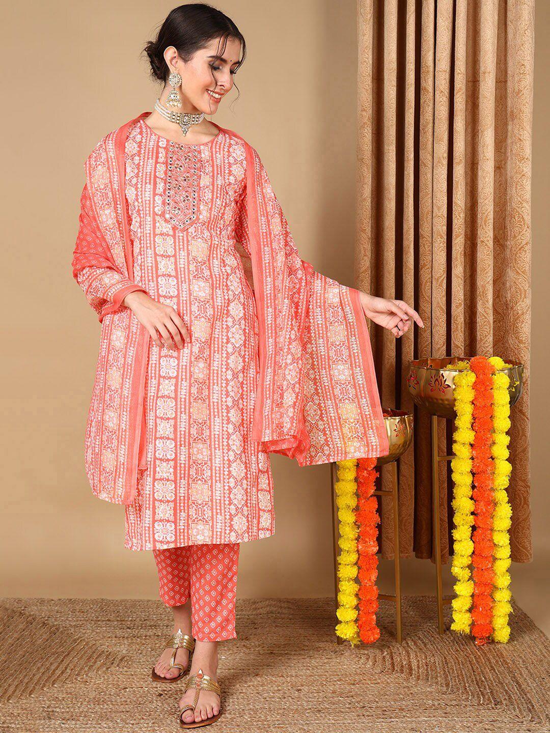 ahika floral printed thread work pure cotton kurta with trousers & dupatta