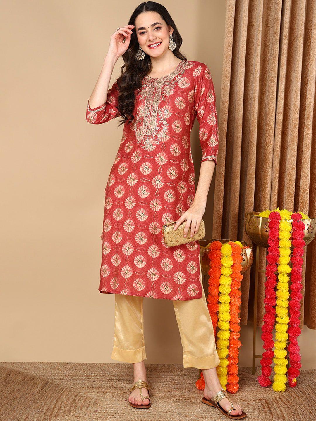 ahika floral printed thread work straight kurta