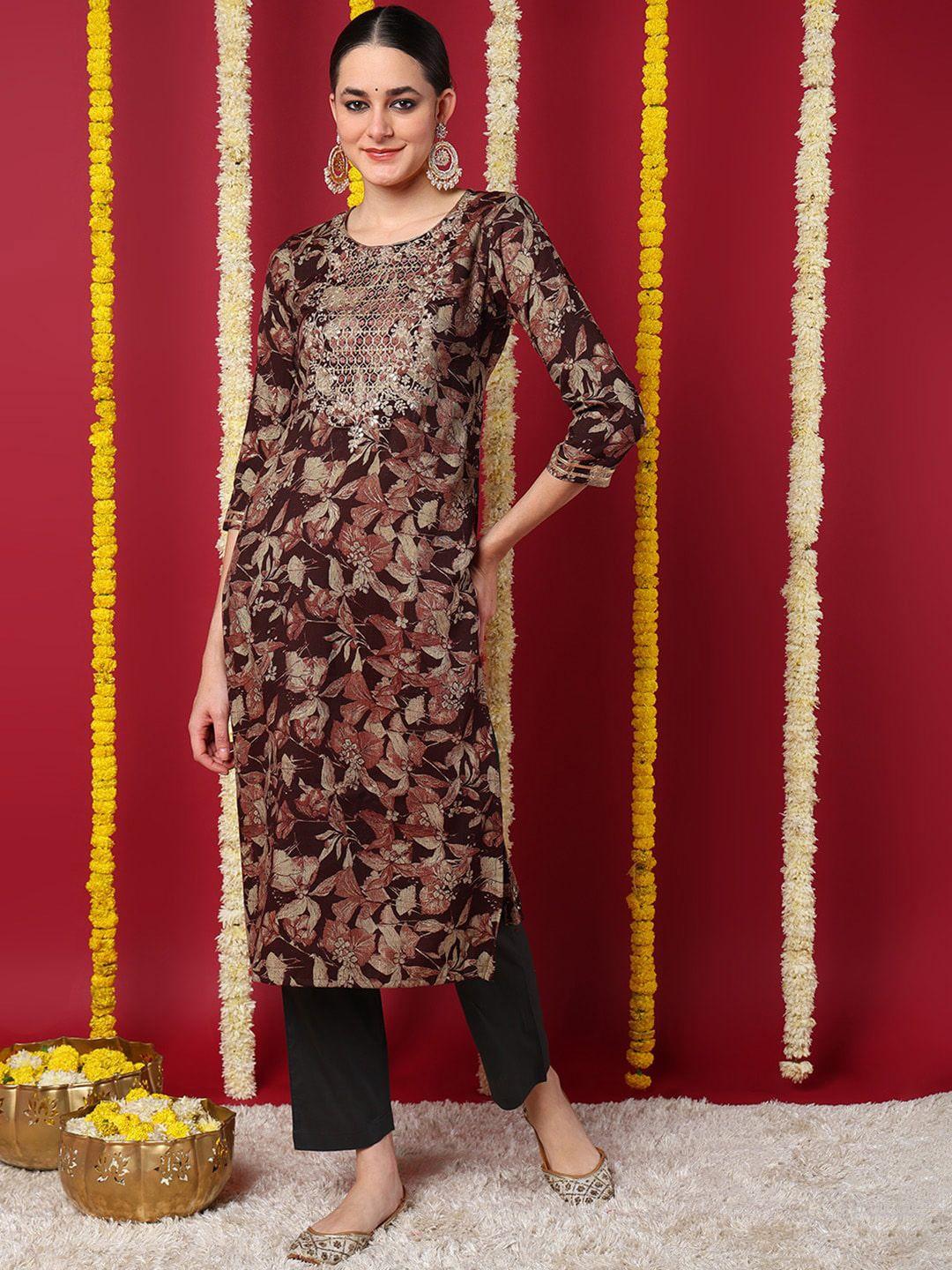 ahika floral printed three-quarter sleeves thread work straight kurta