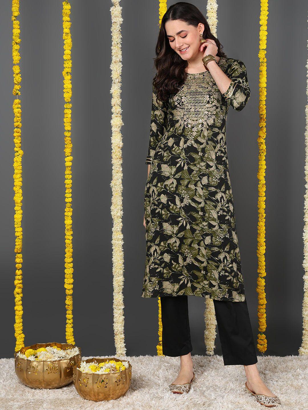 ahika floral printed three-quarter sleeves thread work straight kurta