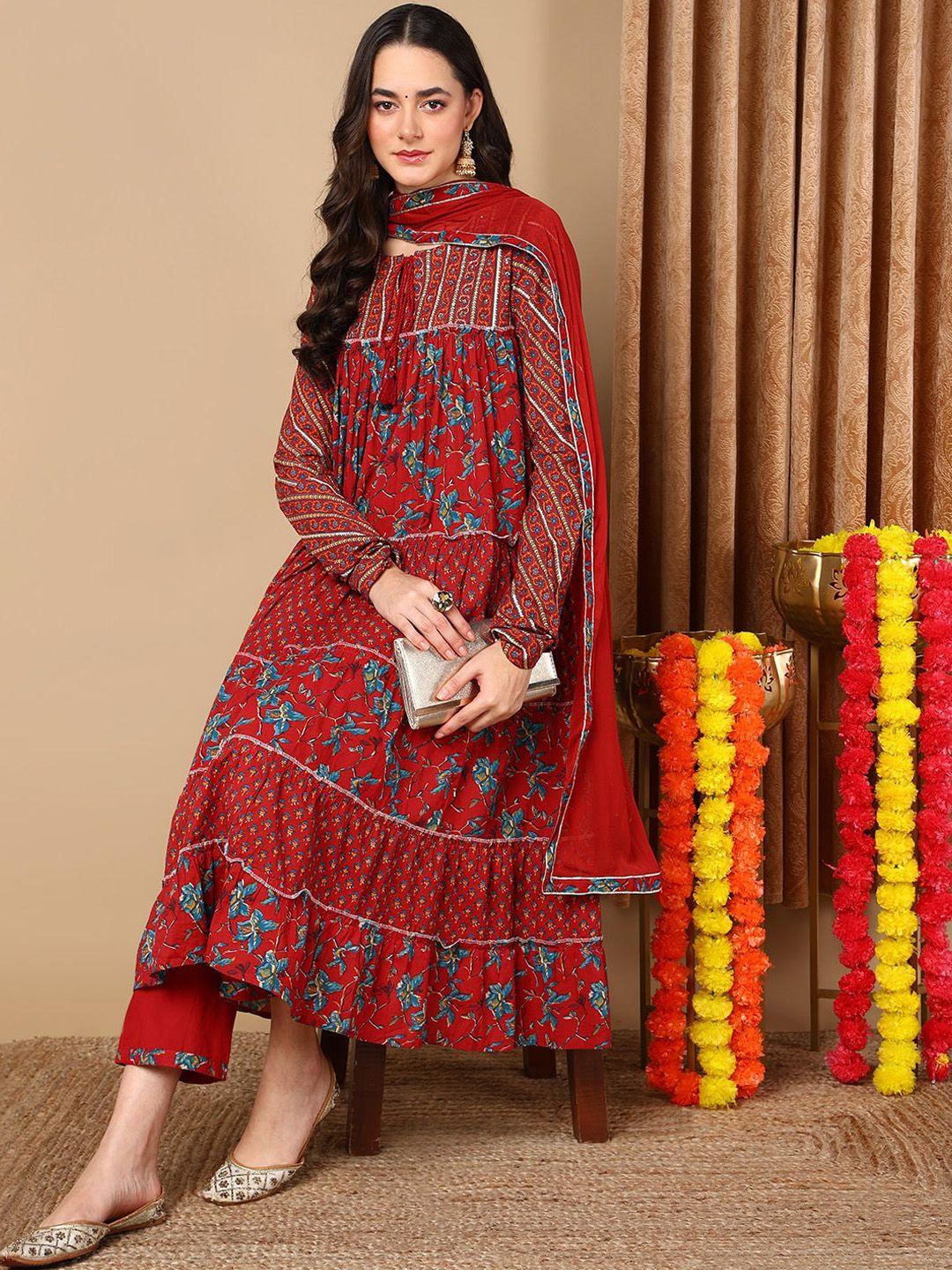 ahika floral printed tiered pure cotton anarkali kurta with trousers & dupatta