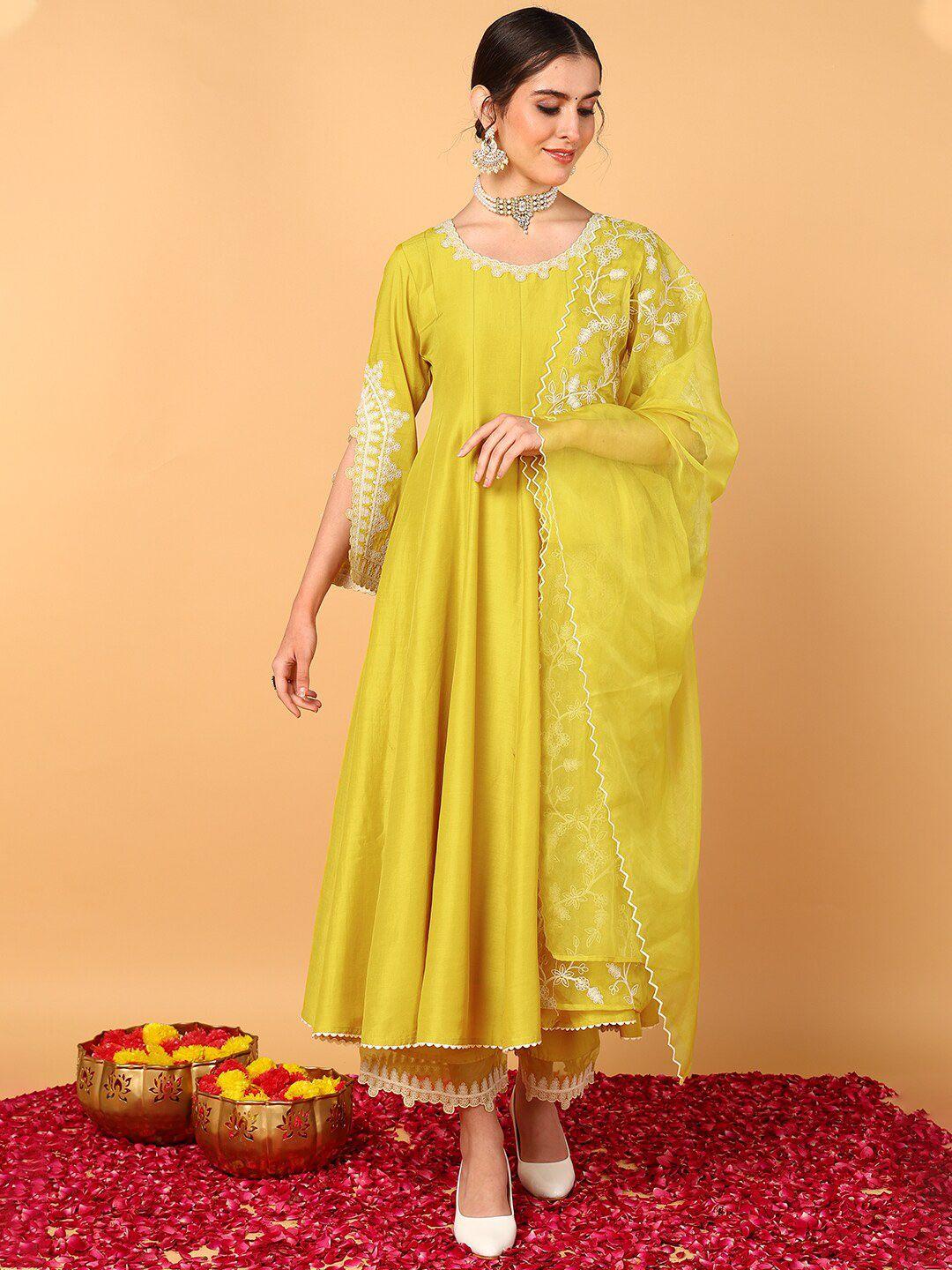 ahika floral yoke design thread work anarkali kurta with trousers & dupatta