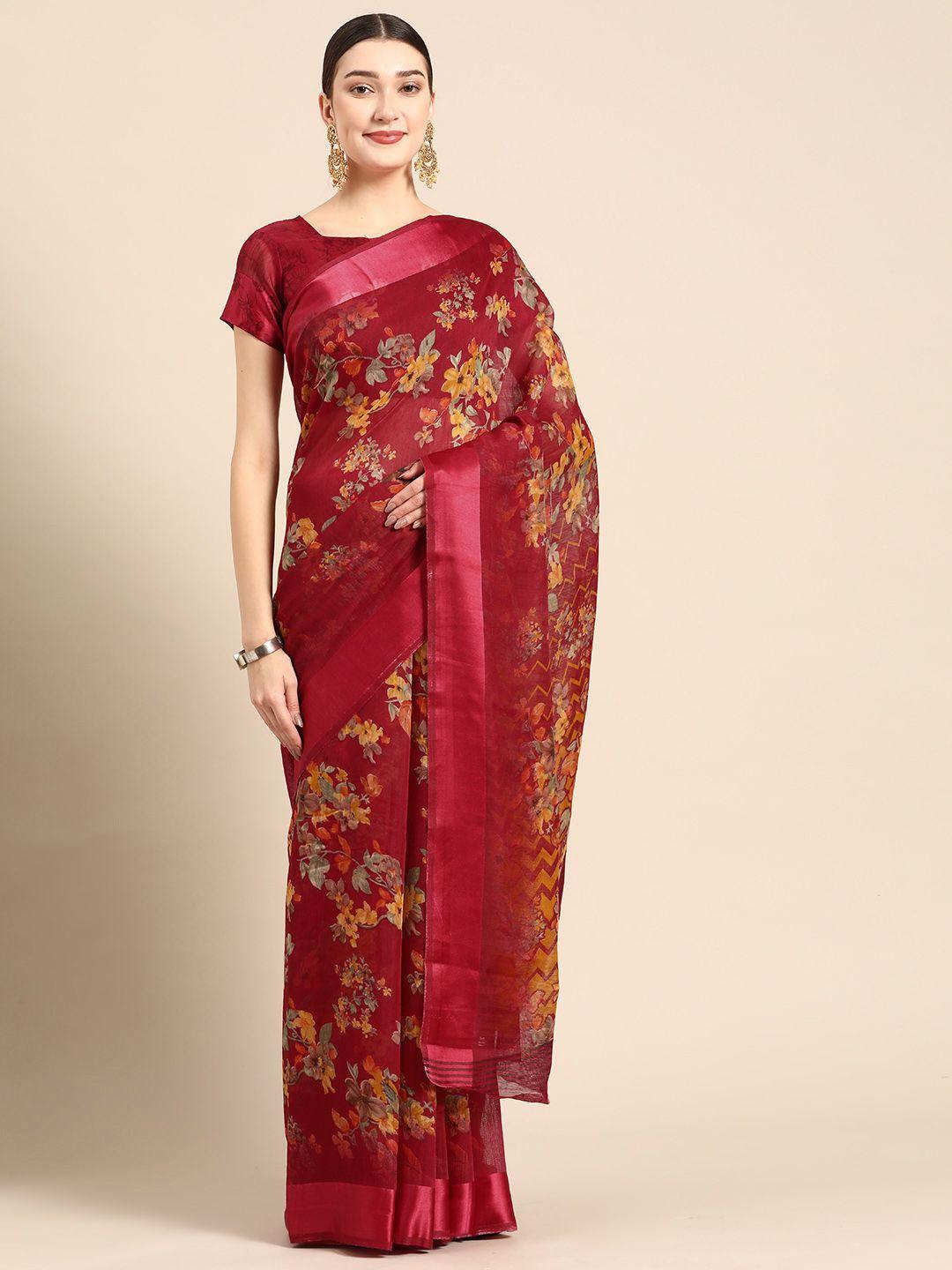 ahika fuchsia & yellow floral art silk saree