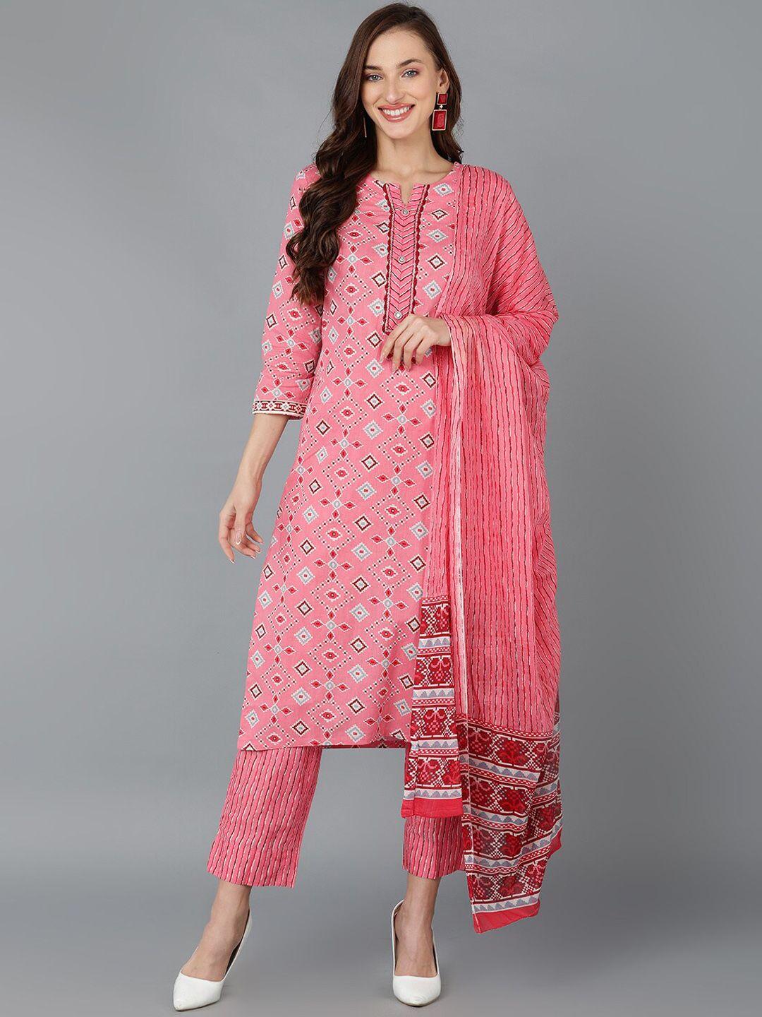 ahika geometric printed notch neck pure cotton kurta with trousers & dupatta