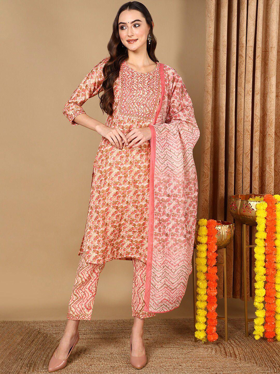 ahika geometric printed regular mirror work pure cotton kurta & trousers with dupatta