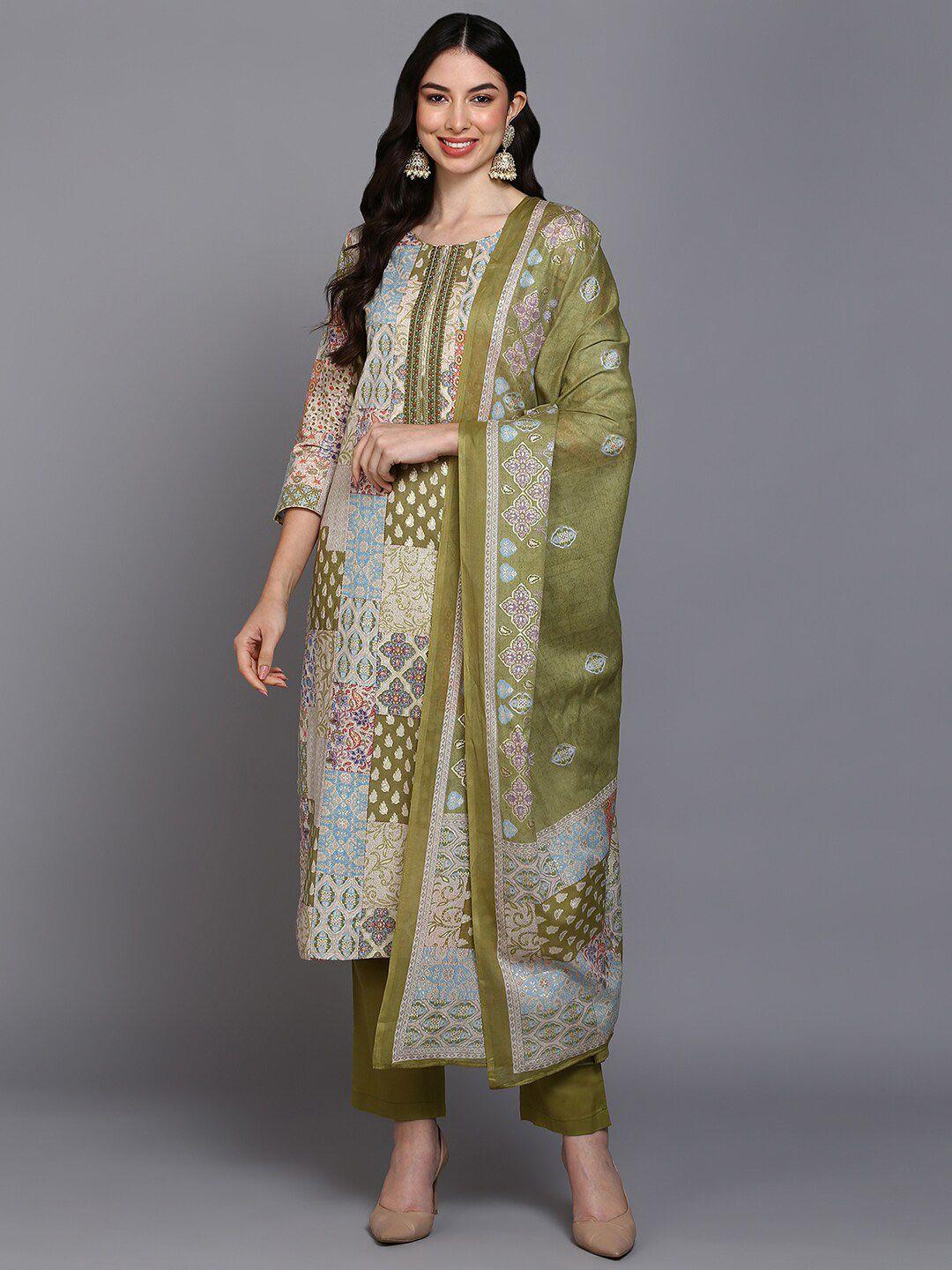 ahika green & blue ethnic motifs printed pure cotton kurta with trousers & dupatta