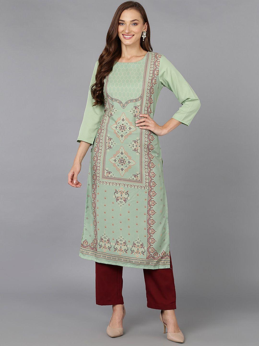 ahika green & brown ethnic motifs printed kurta