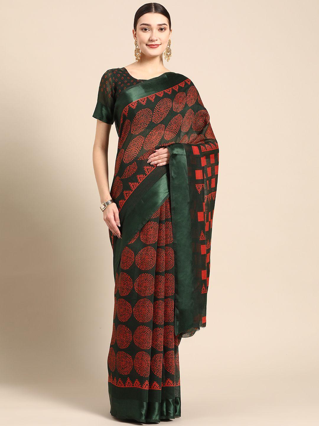ahika green & red printed art silk saree