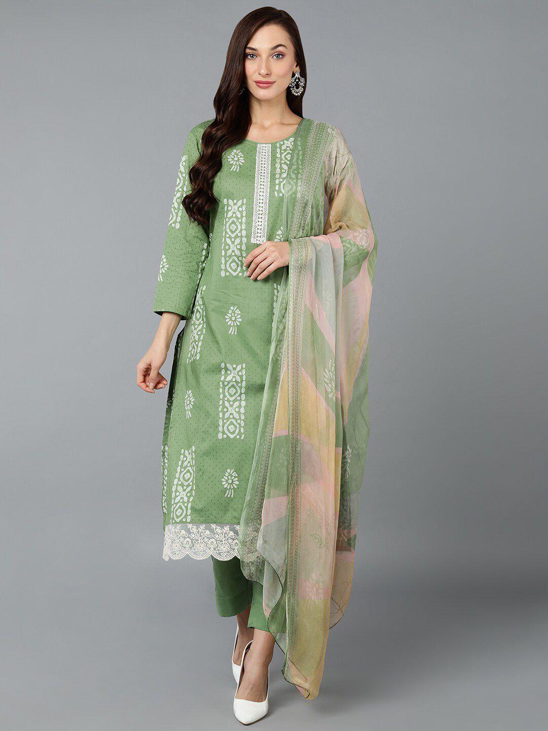 ahika green ethnic motif printed regular kurta & trousers with dupatta