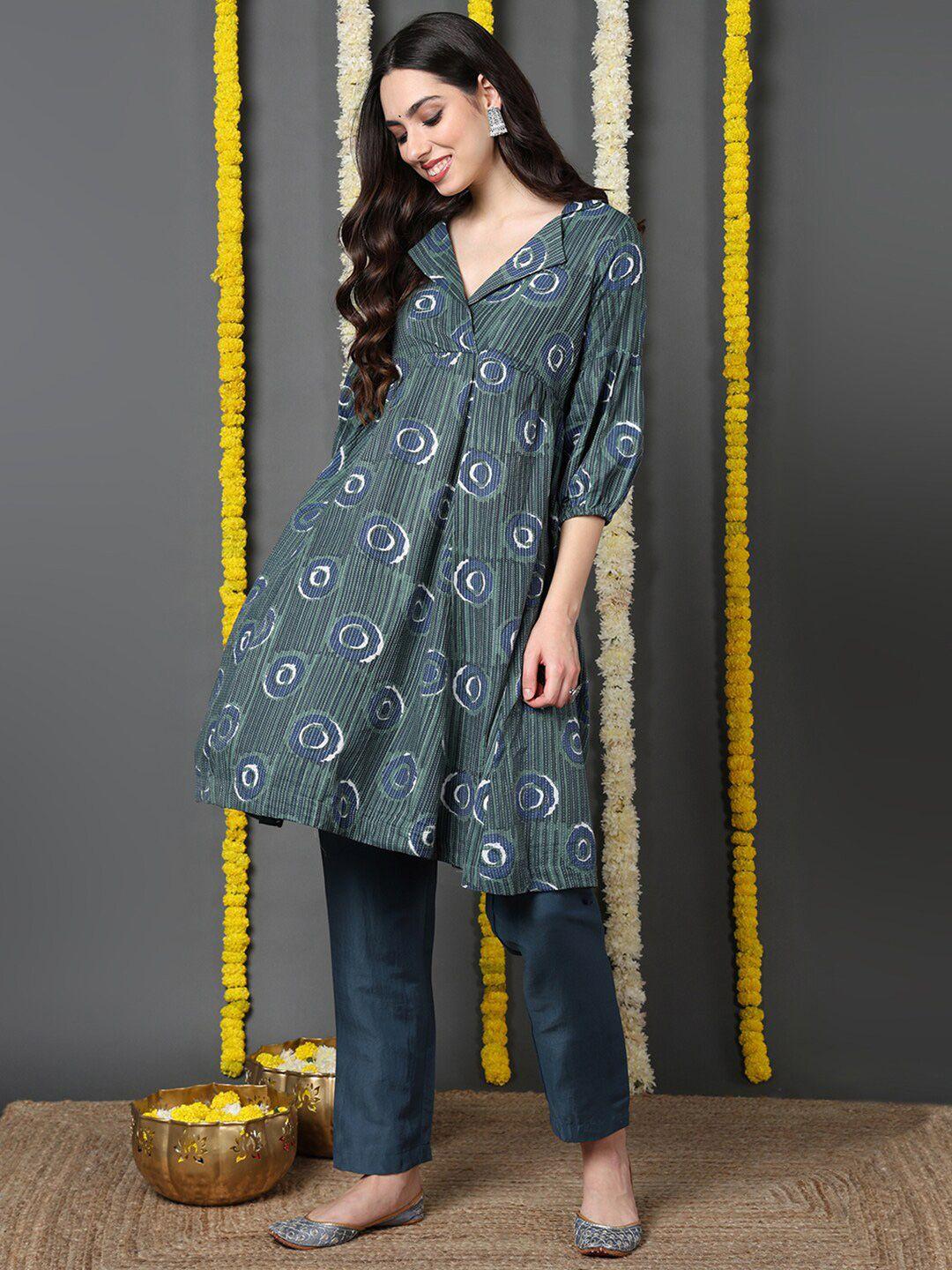 ahika green ethnic motifs print puff sleeve a-line dress