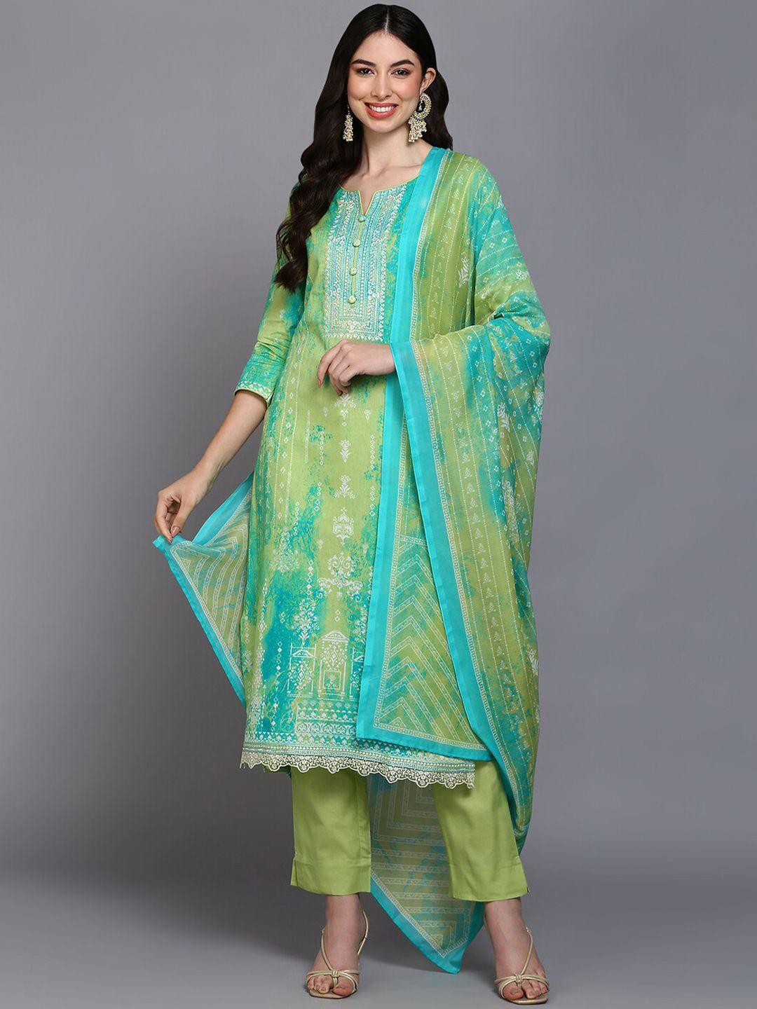 ahika green ethnic printed thread work pure cotton kurta with trousers & dupatta