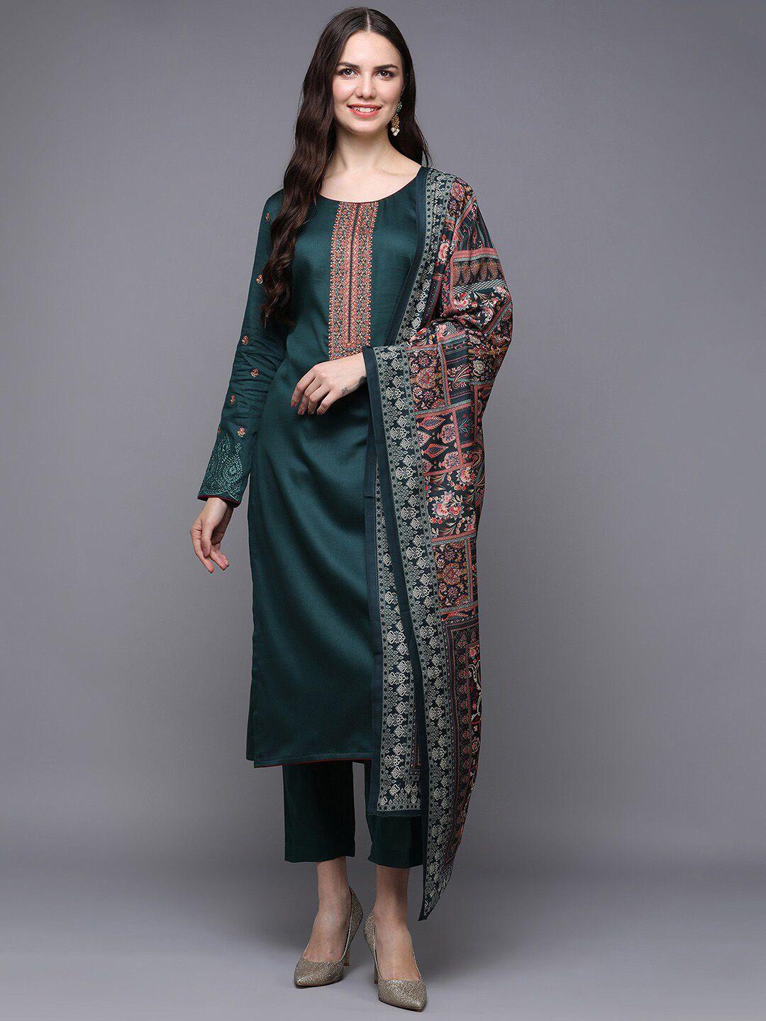 ahika green floral yoke design straight pure cotton kurta & trousers with dupatta