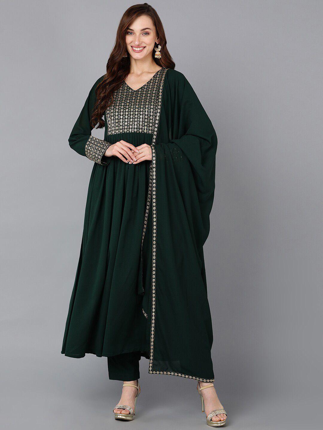 ahika green yoke design sequinned anarkali kurta with trousers & dupatta