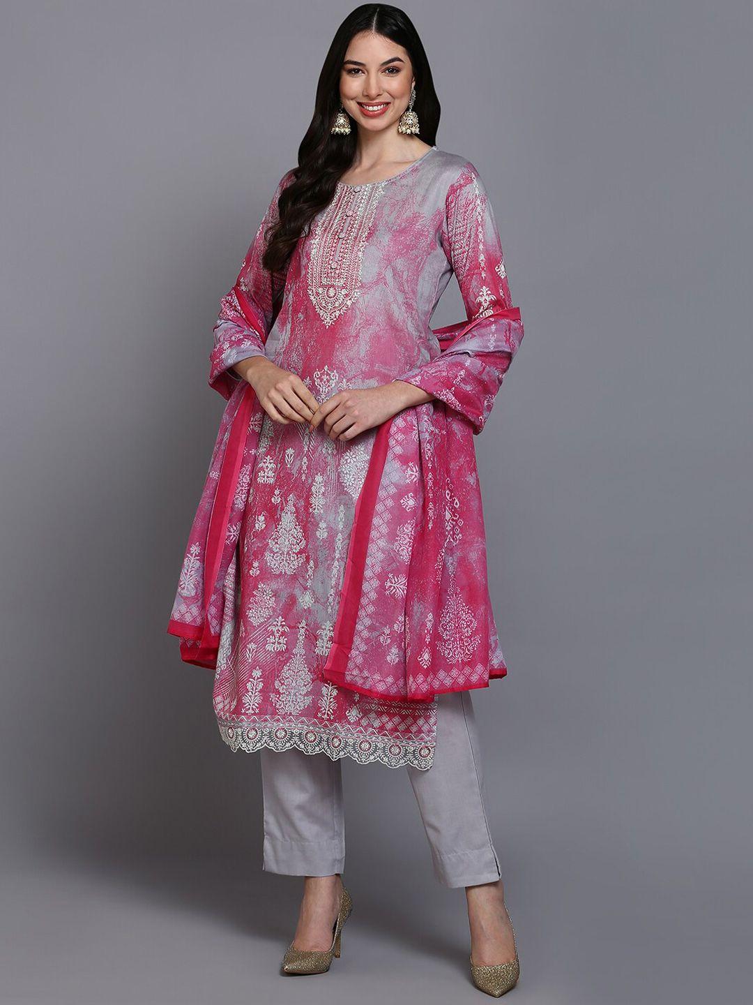ahika grey & pink ethnic motifs printed pure cotton kurta & trousers with dupatta