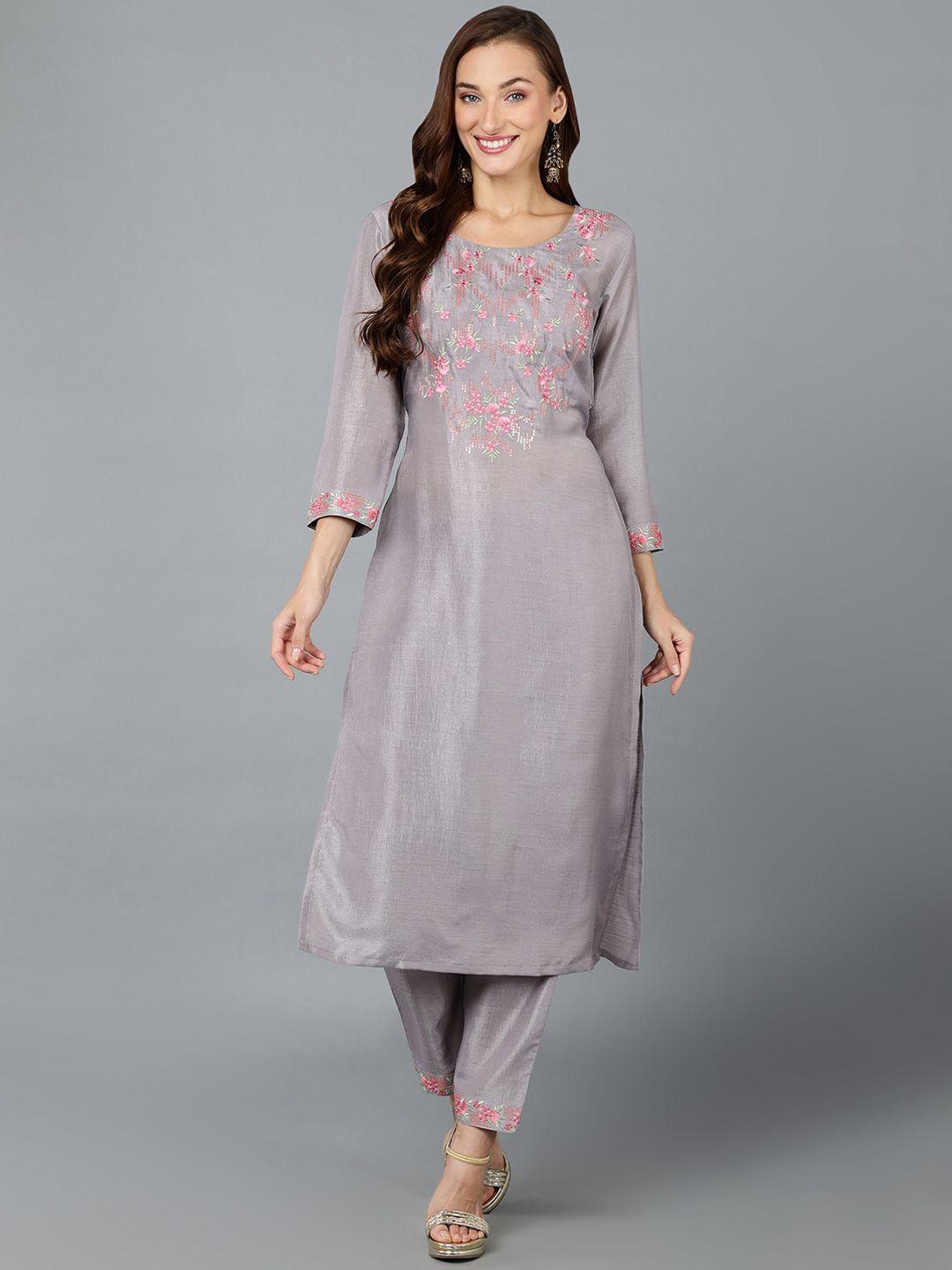 ahika grey & pink floral embroidered sequined straight kurta