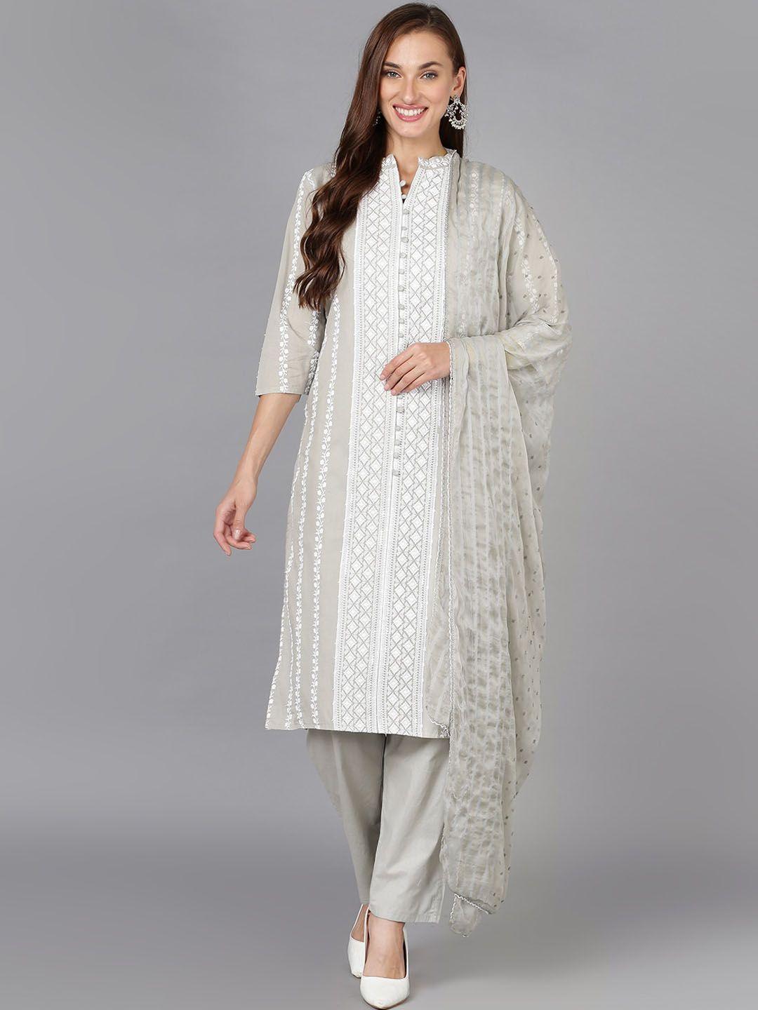 ahika grey & white ethnic motifs embroidered kurta with trousers & dupatta