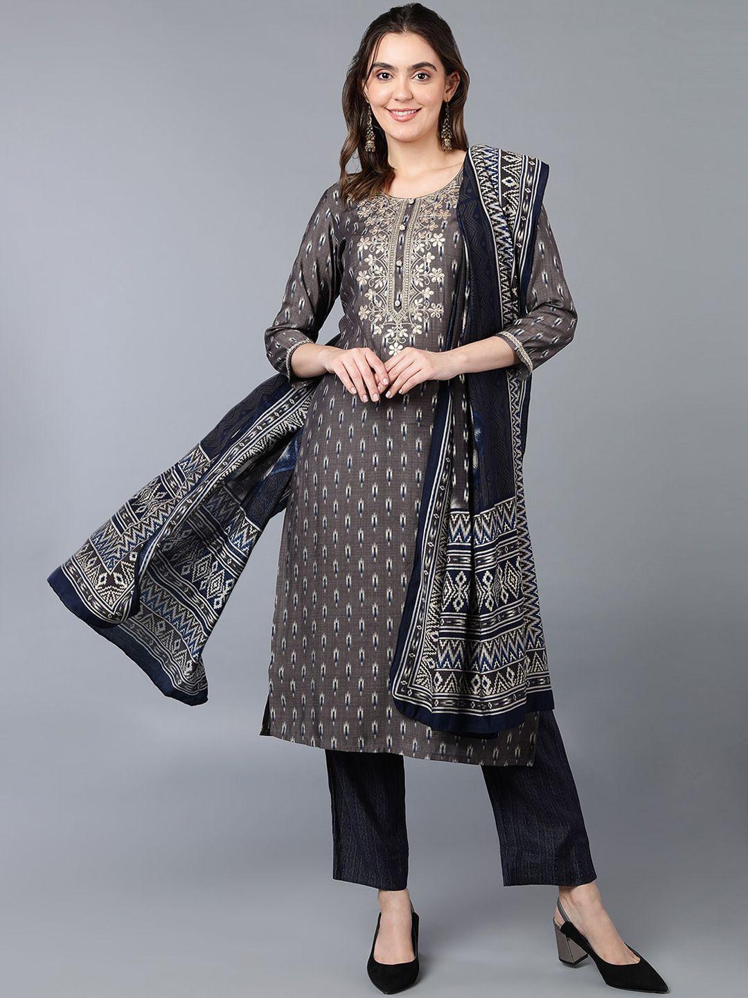 ahika grey ethnic motifs printed thread work regular kurta with trousers & with dupatta