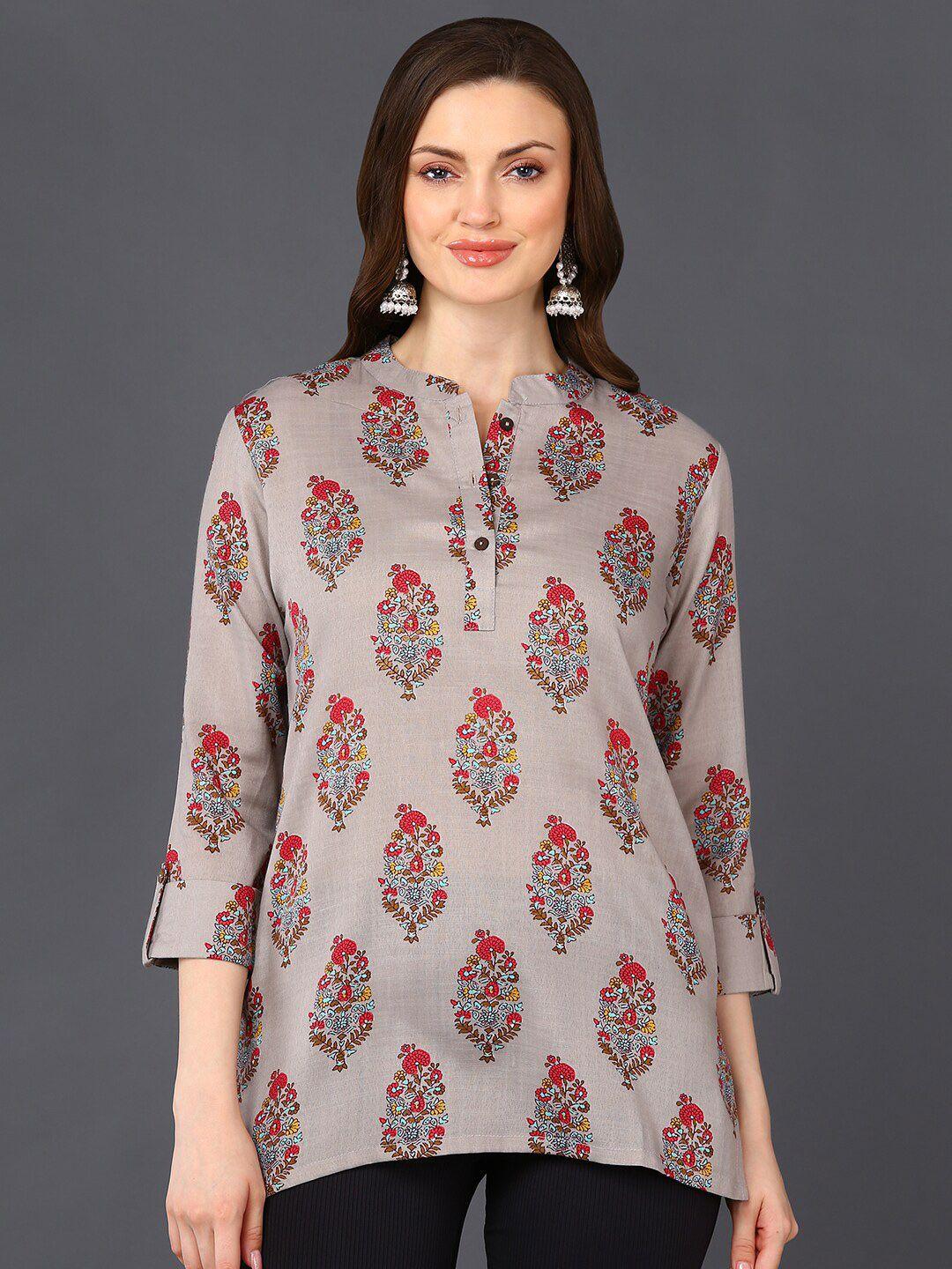 ahika grey print mandarin collar ethnic top
