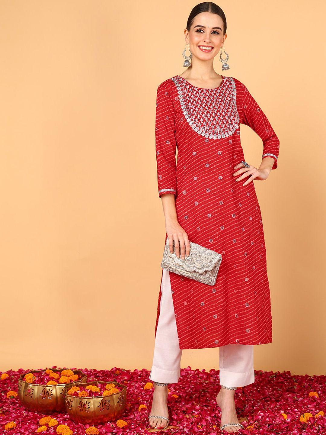 ahika leheriya printed round neck regular thread work cotton straight kurta